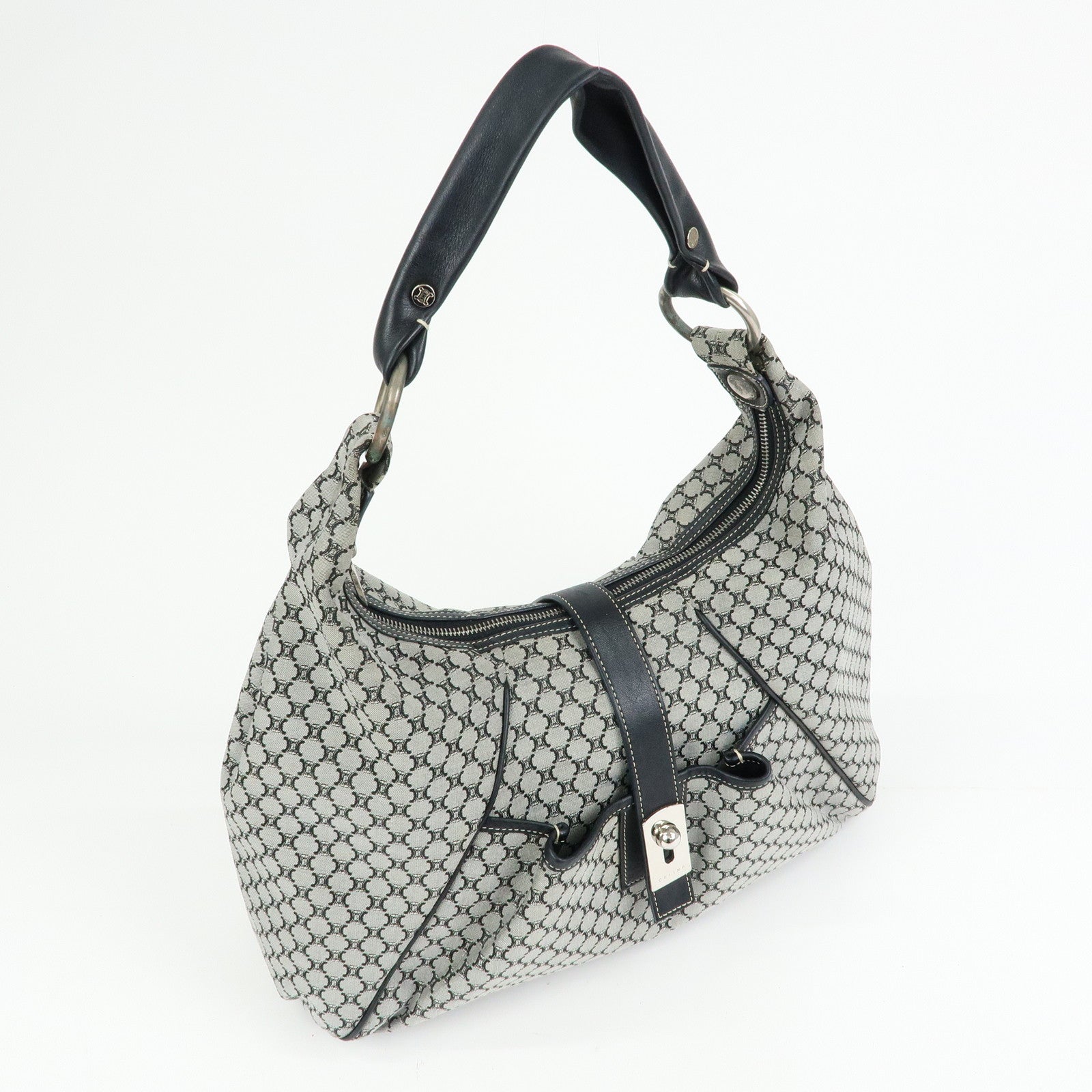 CELINE Macadam Canvas Leather Hand Bag Shoulder Bag Navy