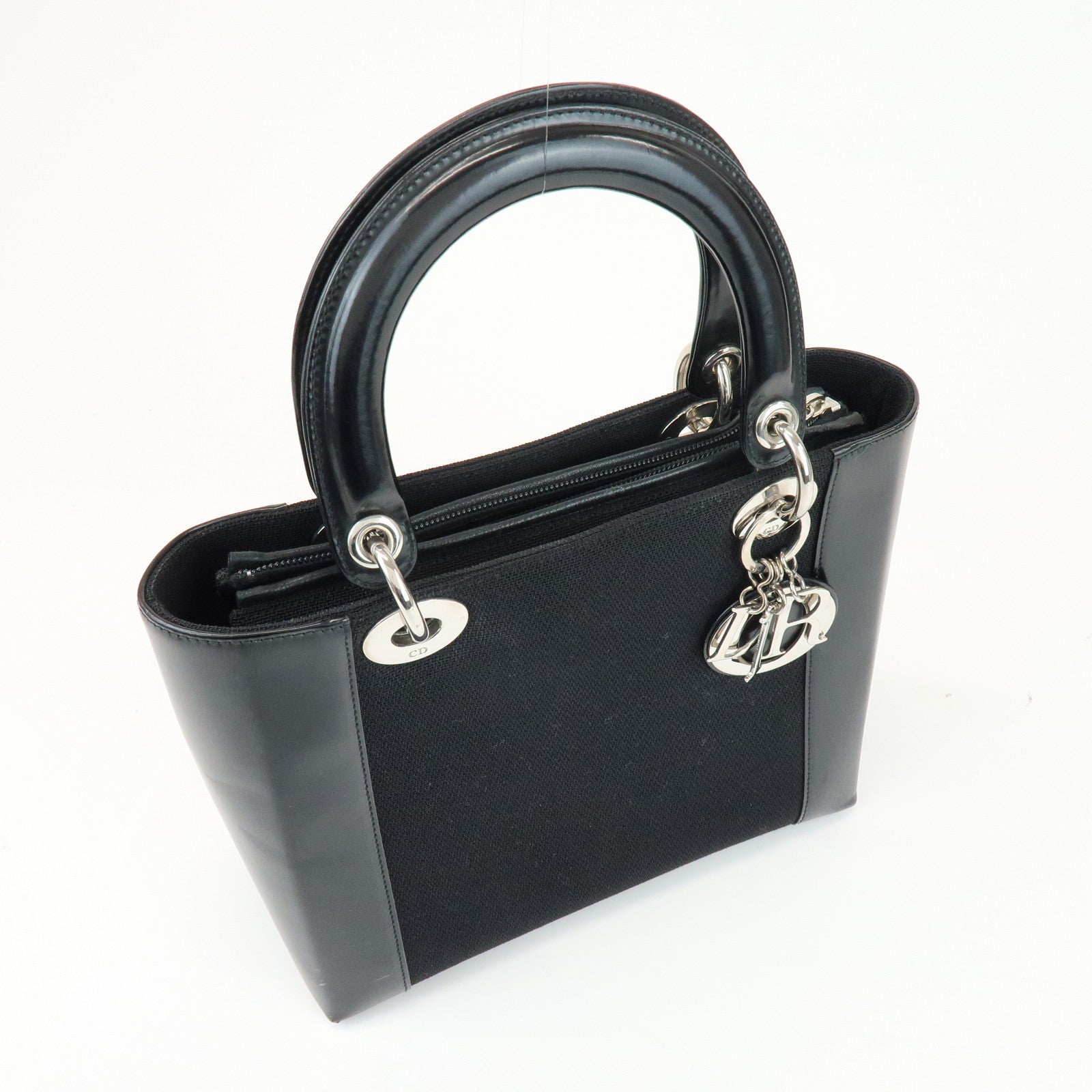 Christian Dior Lady Dior Canvas Patent Leather Hand Bag Black