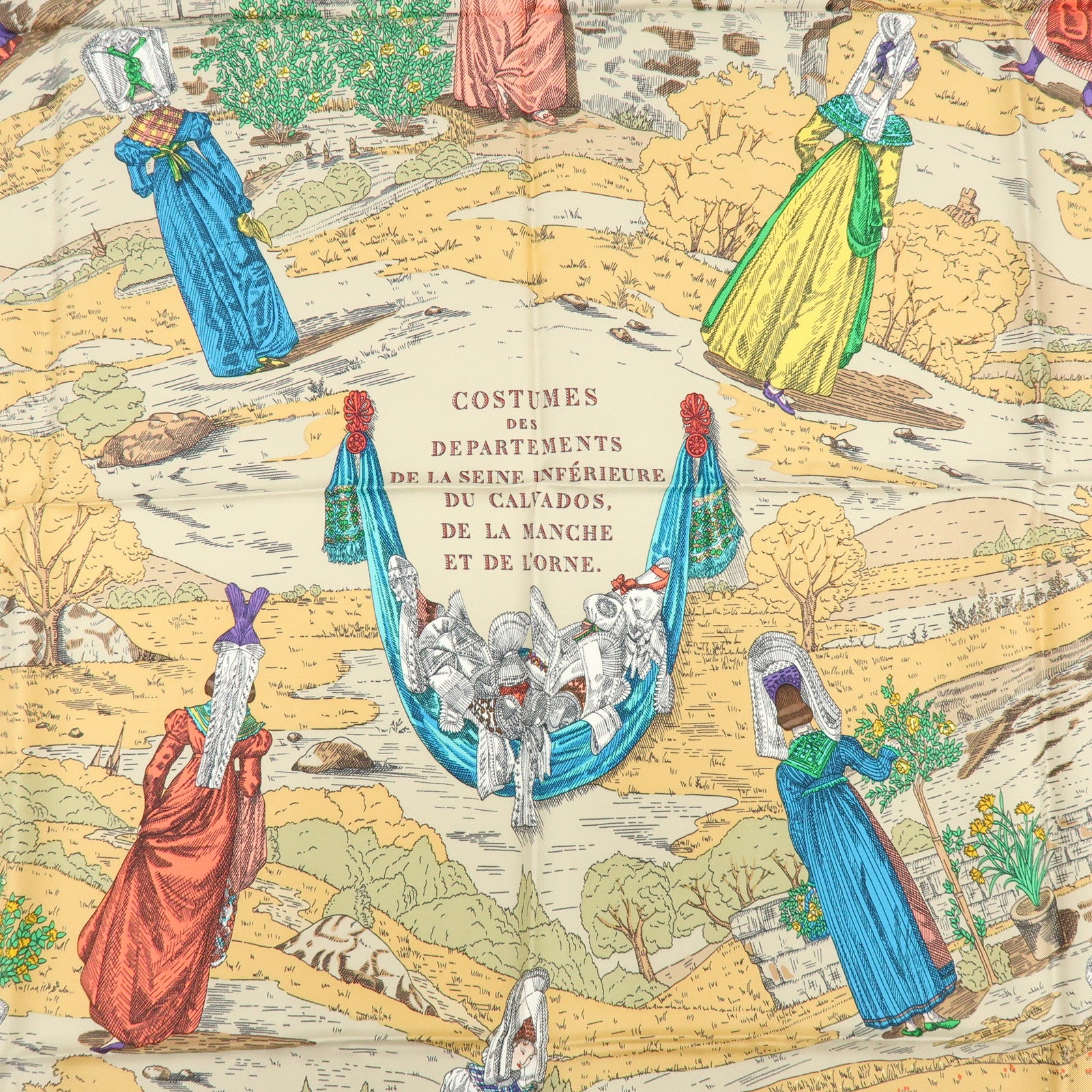 HERMES Carre 90 Silk 100% Scarf COSTUMES DES DEPARTEMENTS Blue