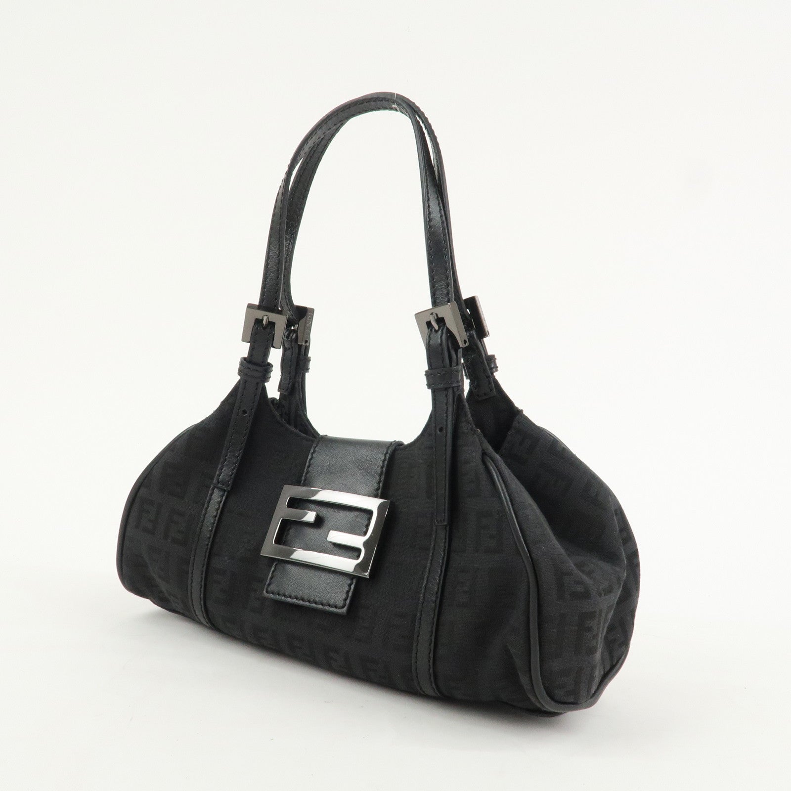 FENDI Zucchino Canvas Leather Hand Bag Shoulder Bag Black 8BR437