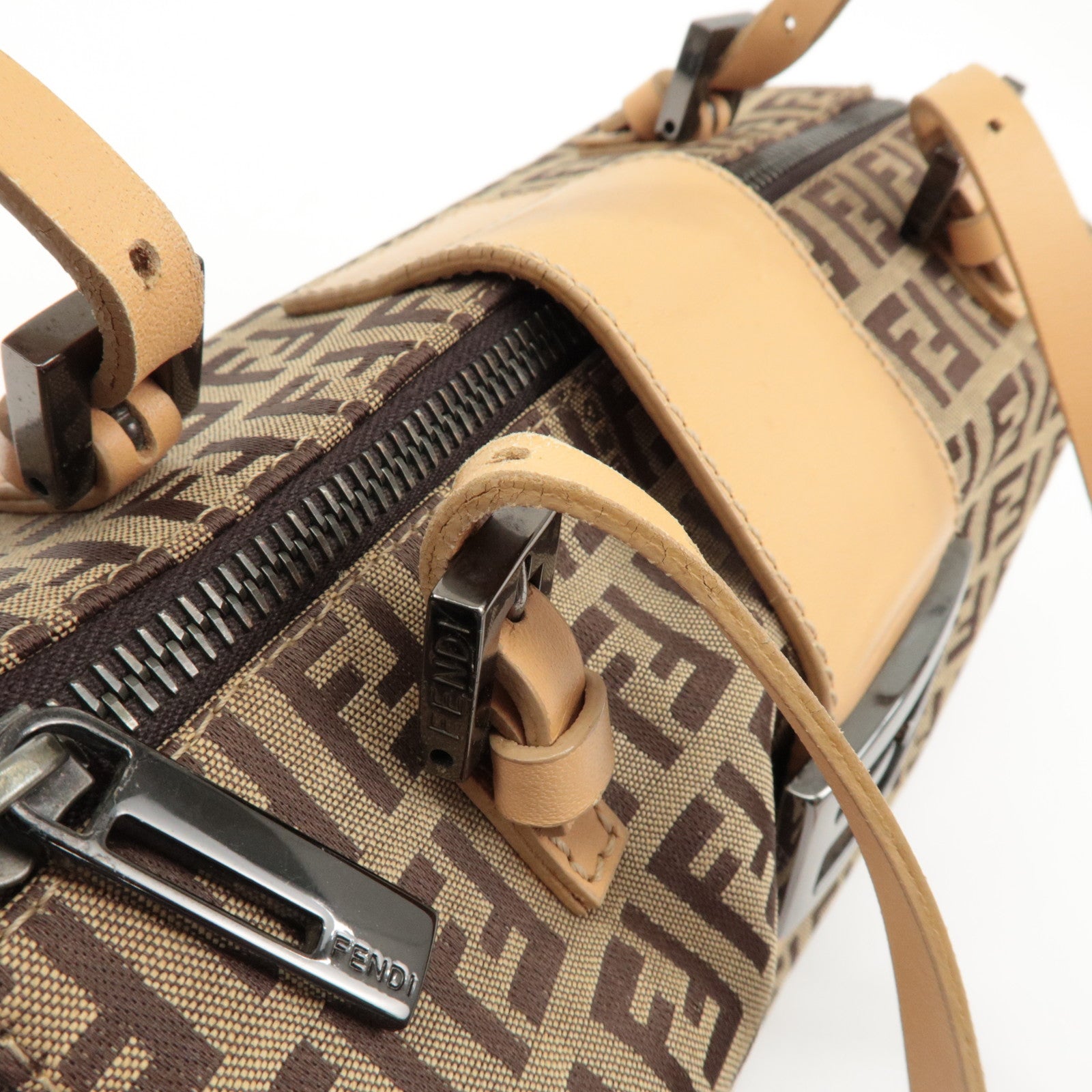 FENDI Zucchino Canvas Leather Shoulder Bag Hand Bag Brown 8BL000 Used