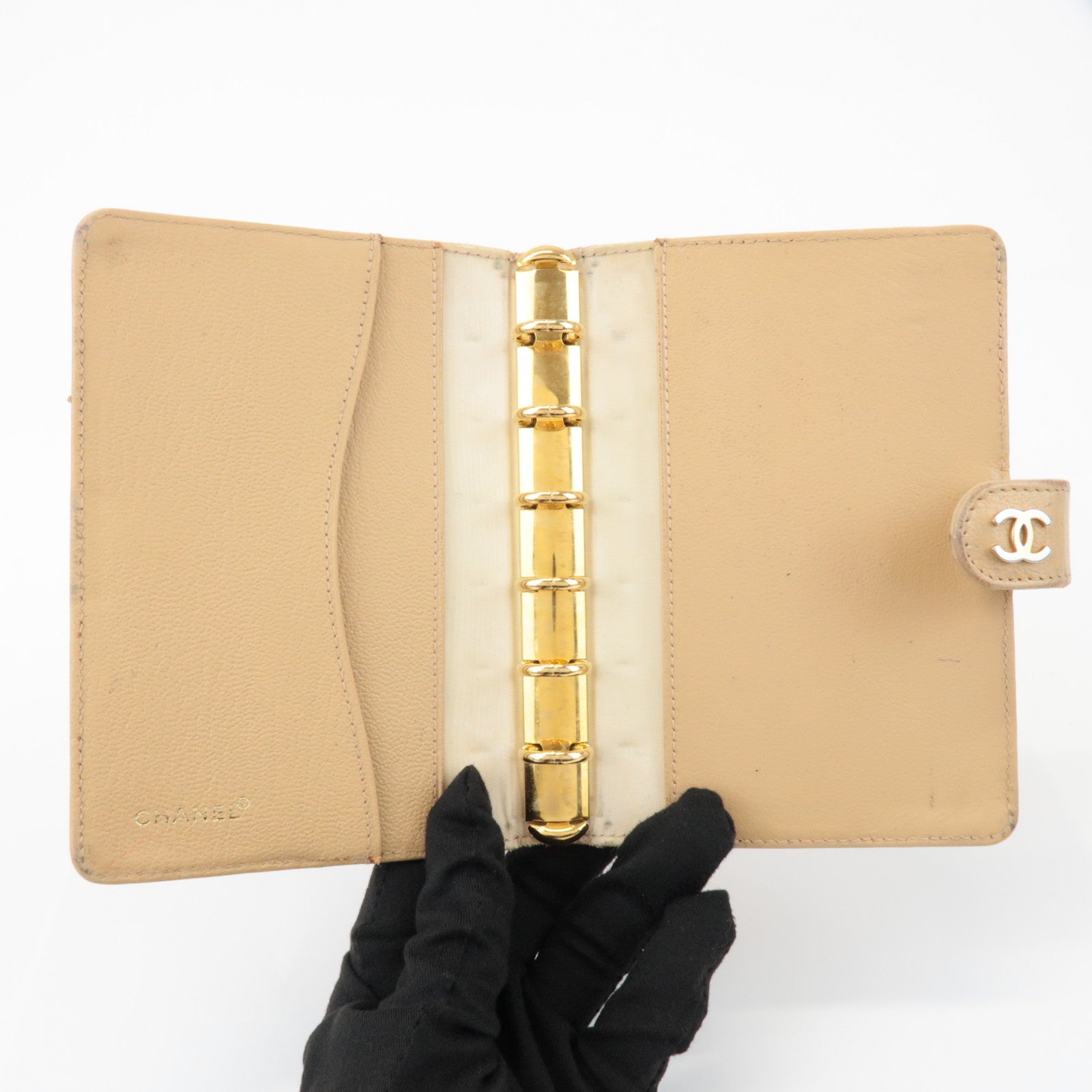 CHANEL COCO Mark Calf Leather Agenda Cover Planner Cover Beige