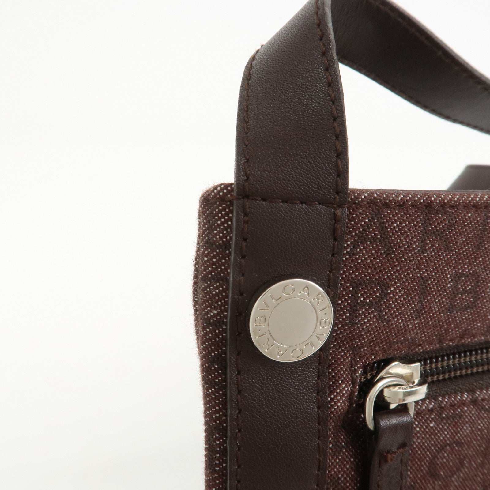 BVLGARI Logo Mania Canvas Leather Shoulder Bag Crossbody Bag Brown
