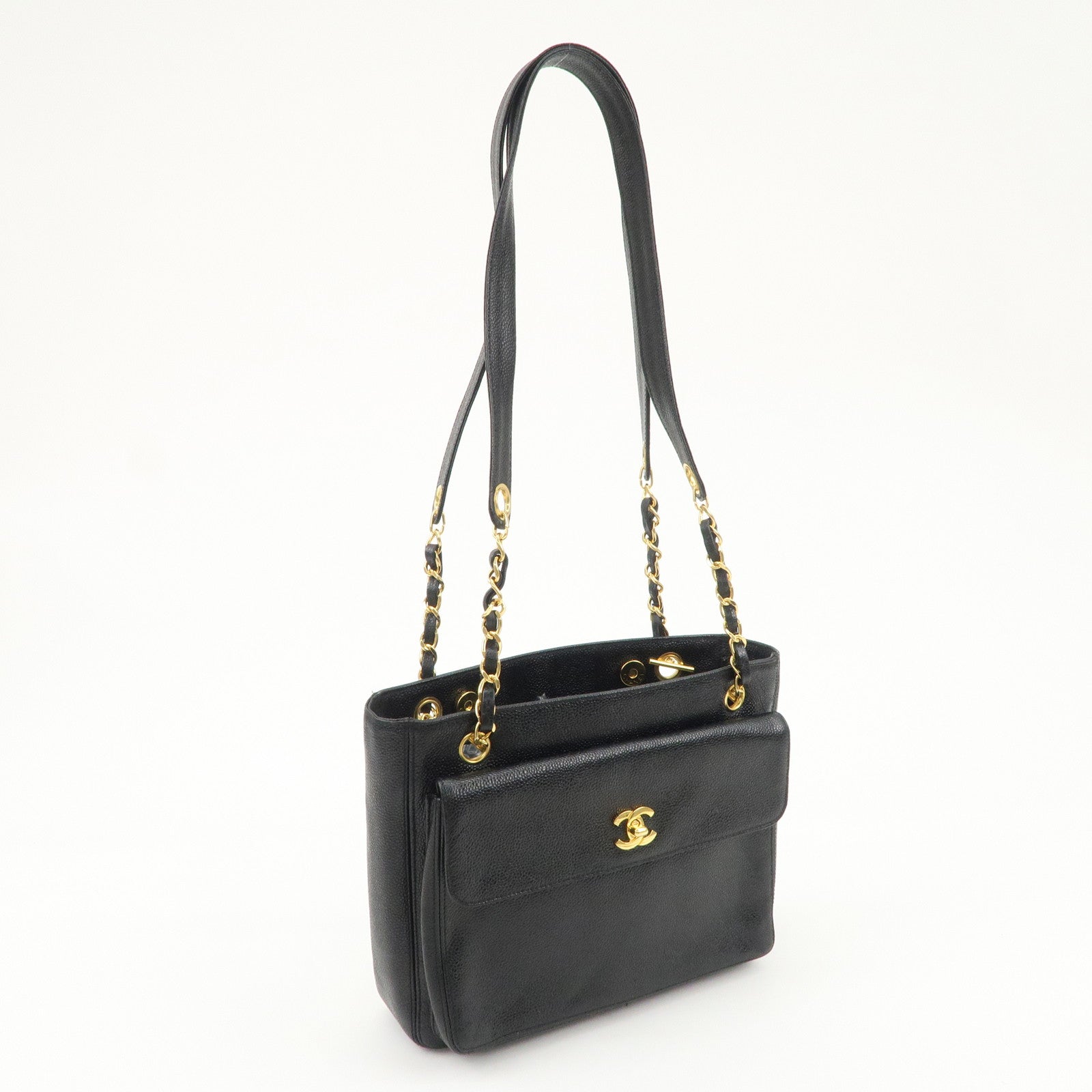 CHANEL COCO Mark Caviarskin Chain Tote Bag Black Used