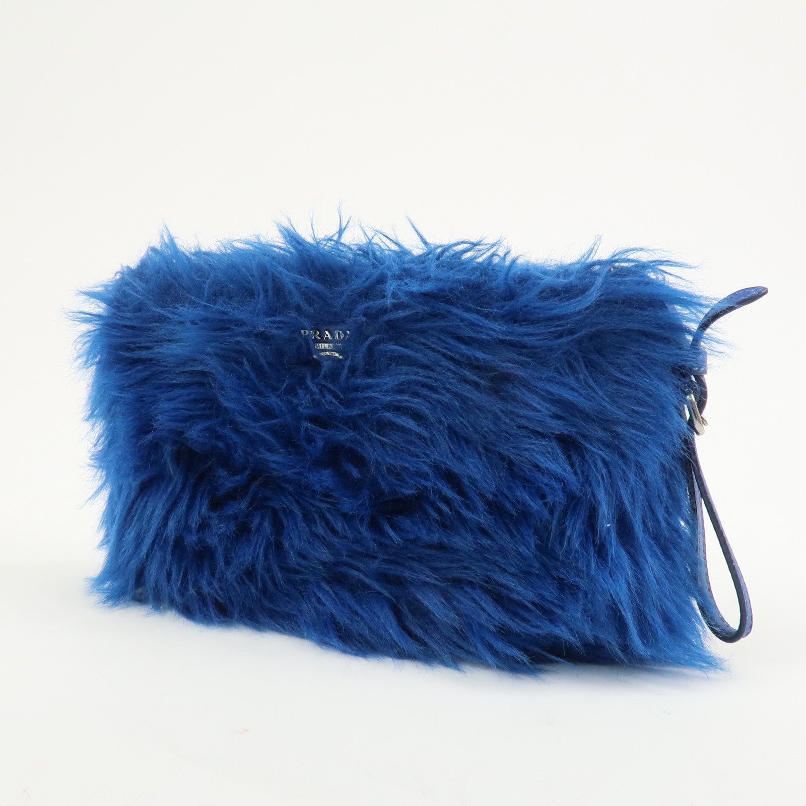 PRADA Triangle Logo Faux Fur Clutch Bag Flat Pouch Blue 1N1530