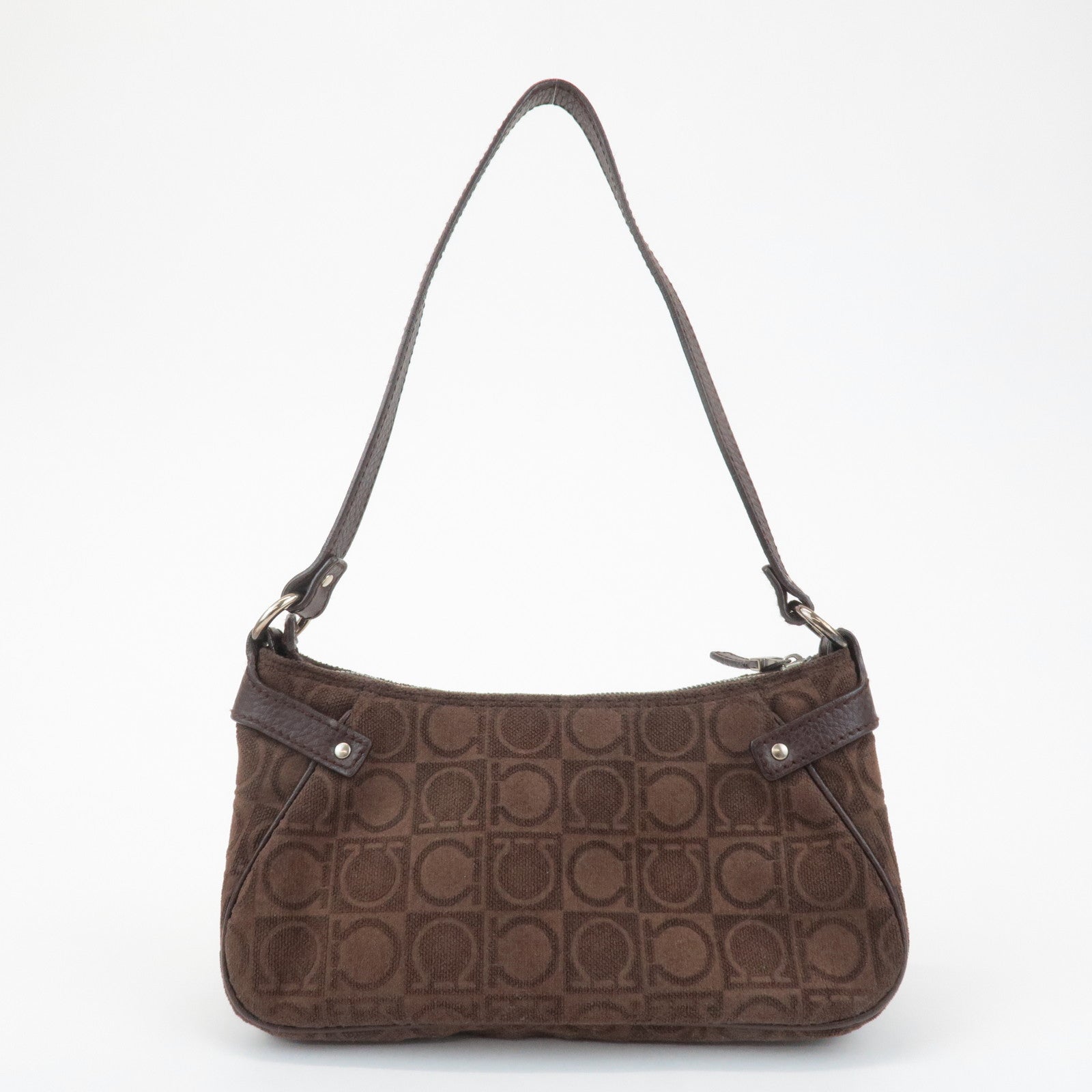 Ferragamo Gancini Leather Cotton Accessoires Pouch Hand Bag Brown Used