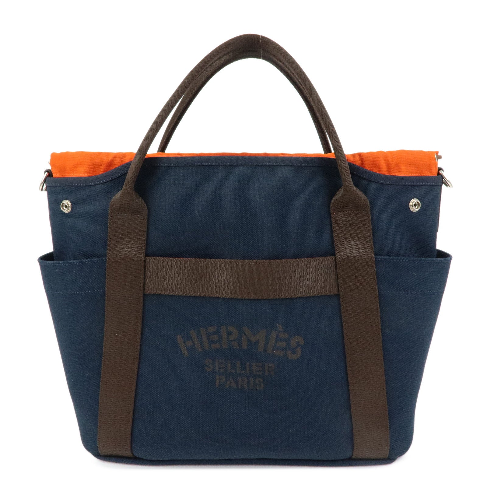 HERMES Sac de Pansage Groom Canvas 2Way Tote Hand Bag Navy Brown