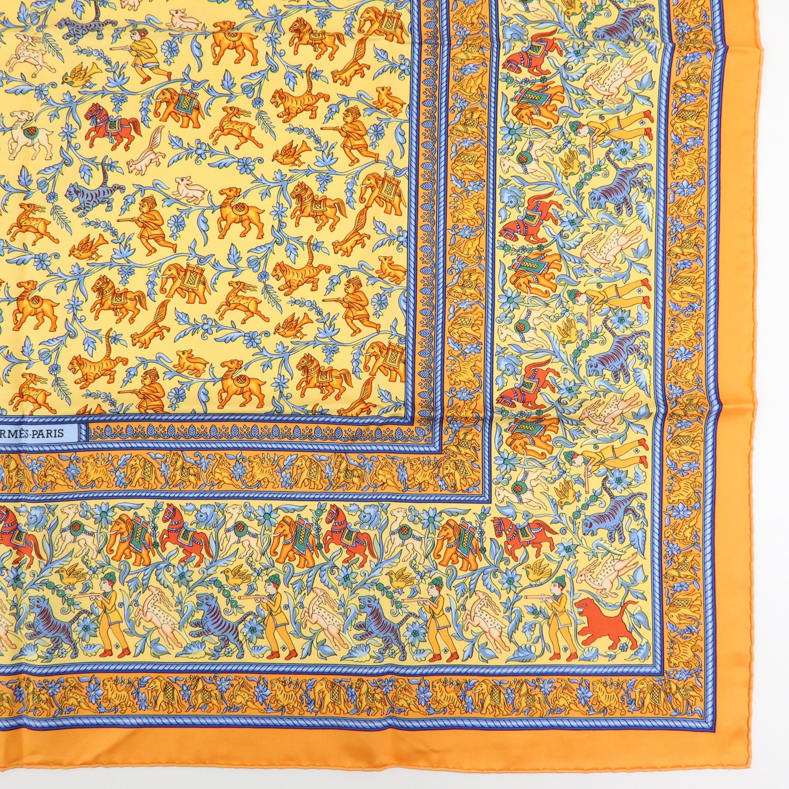 HERMES Carre 90 Silk 100% Scarf CHASSE EN INDE Orange Multicolor