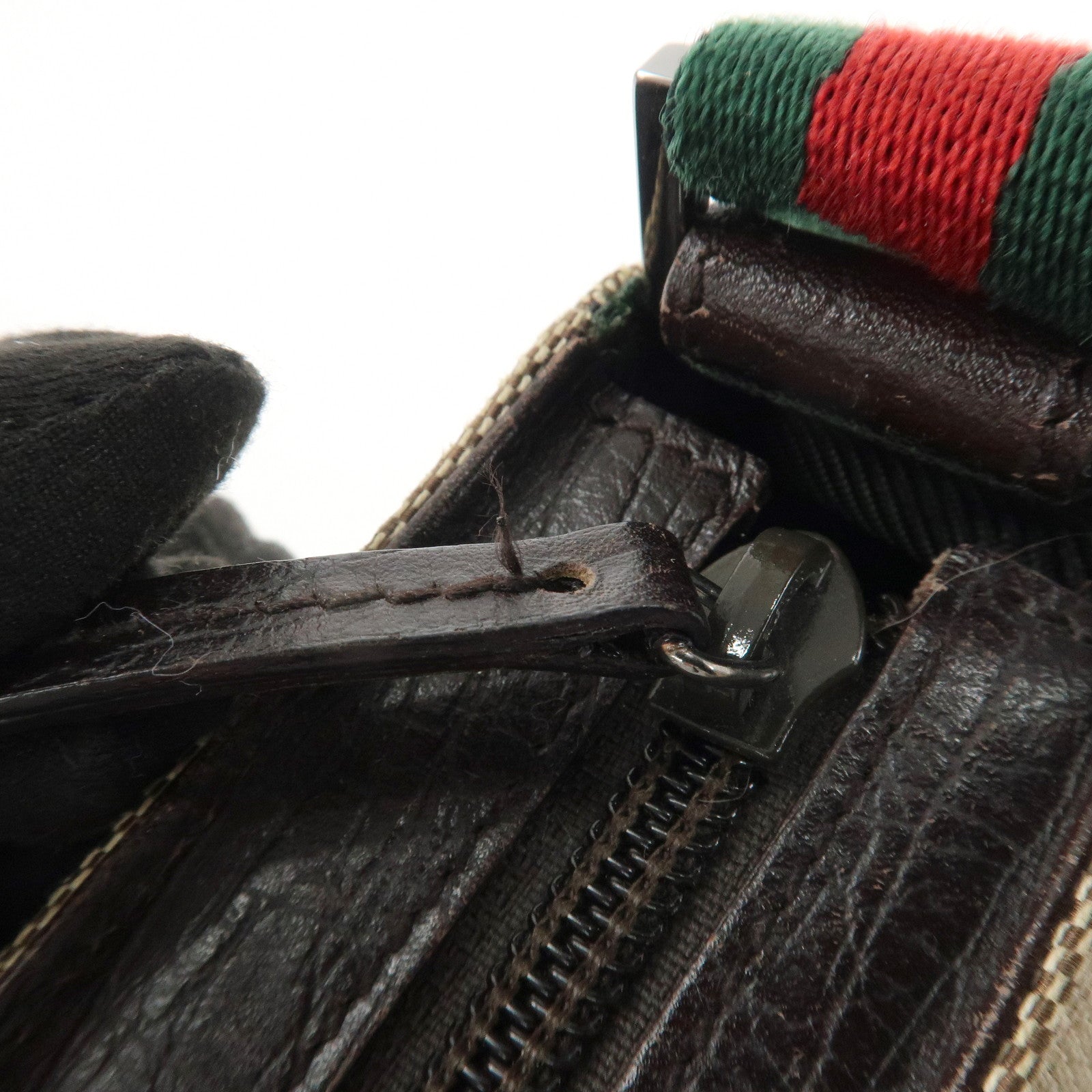 GUCCI Sherry Canvas Leather Pouch Hand Bag Beige Brown 106644 Used