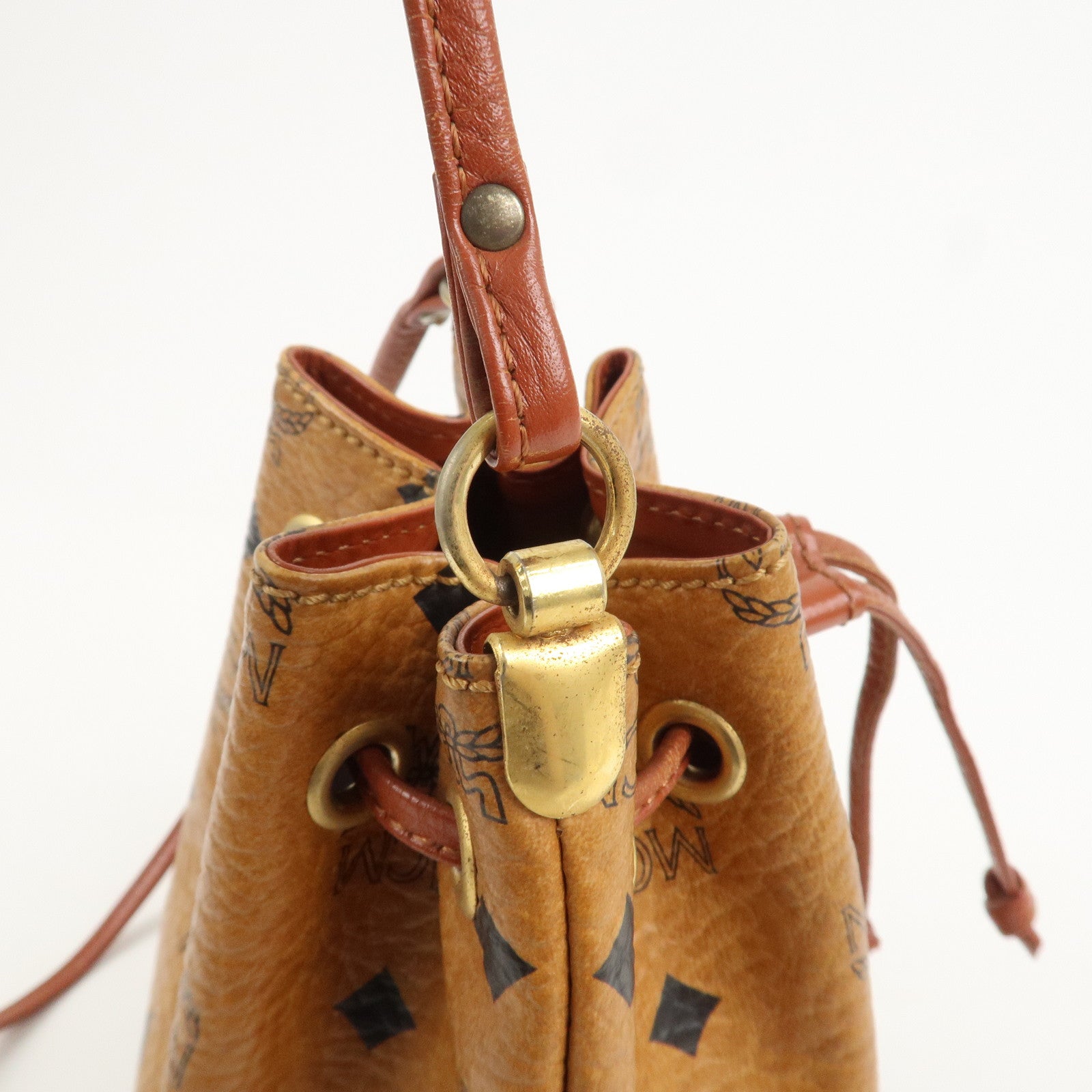 MCM Visetos Leather Drawstring Shoulder Bag Brown