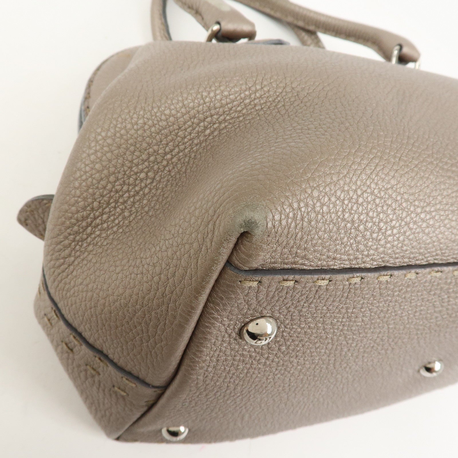 FENDI Selleria Logo Leather Boston Bag Hand Bag Greige 8BN127