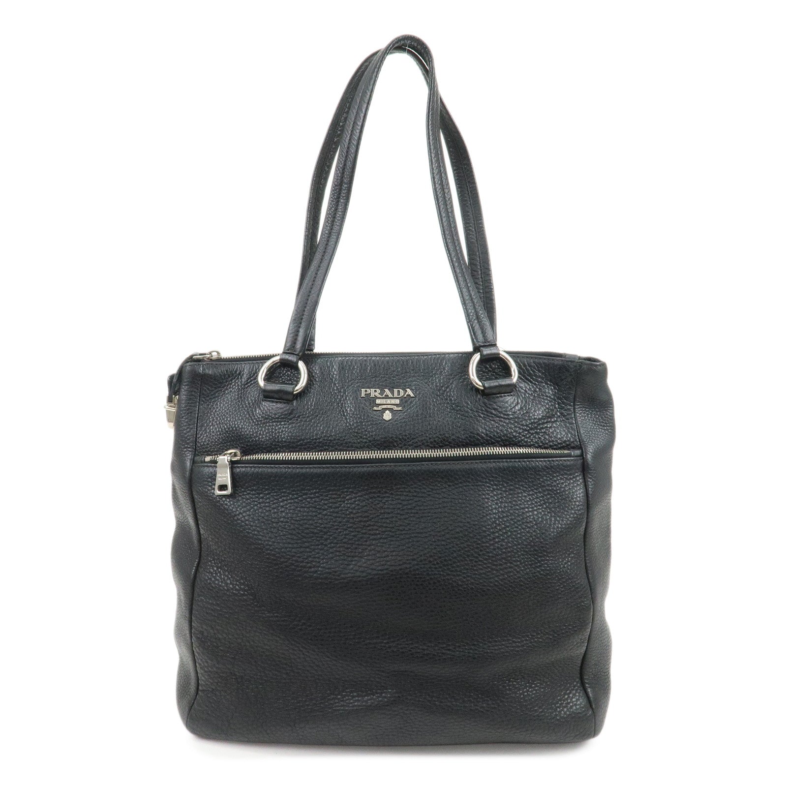 PRADA Logo Leather Shoulder Bag Hand Bag Tote Bag Black