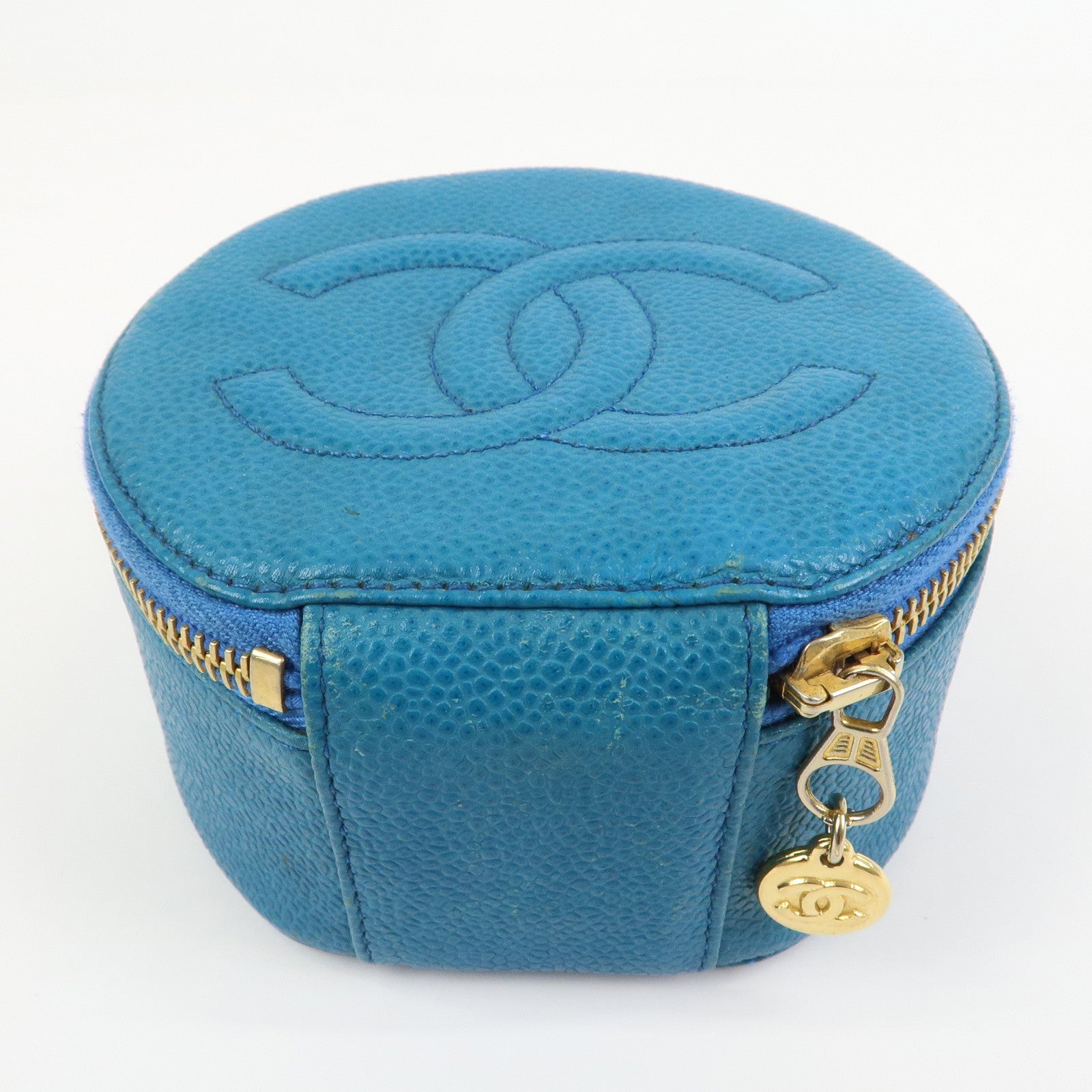 CHANEL COCO Mark Caviarskin Round Cosmetic Pouch Blue Gold