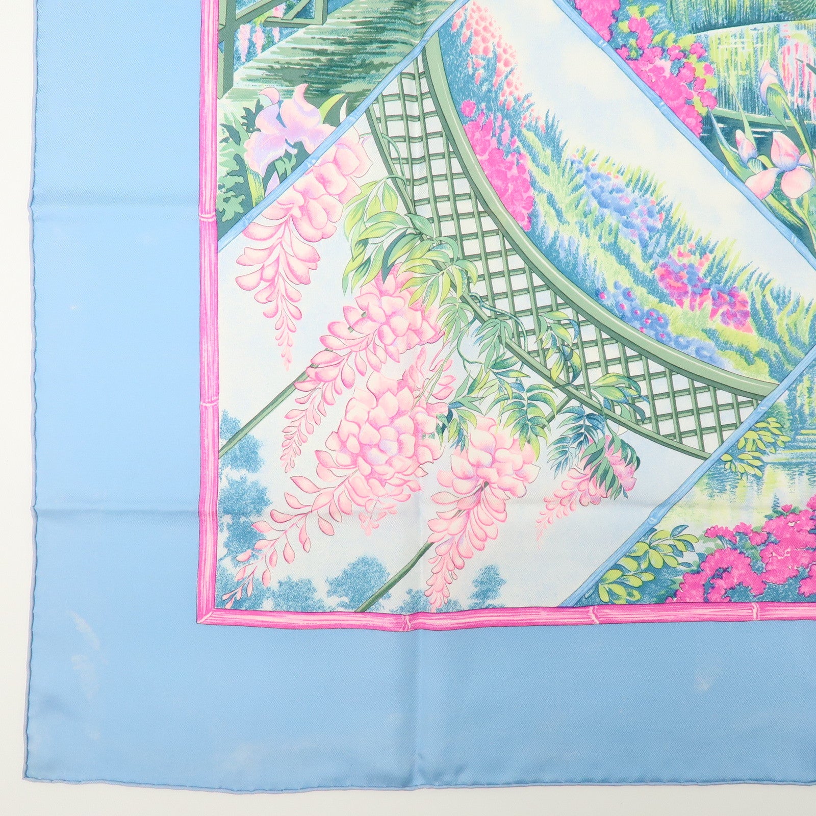 HERMES Carre 90 Silk 100% Scarf GIVERNY Light Blue Pink