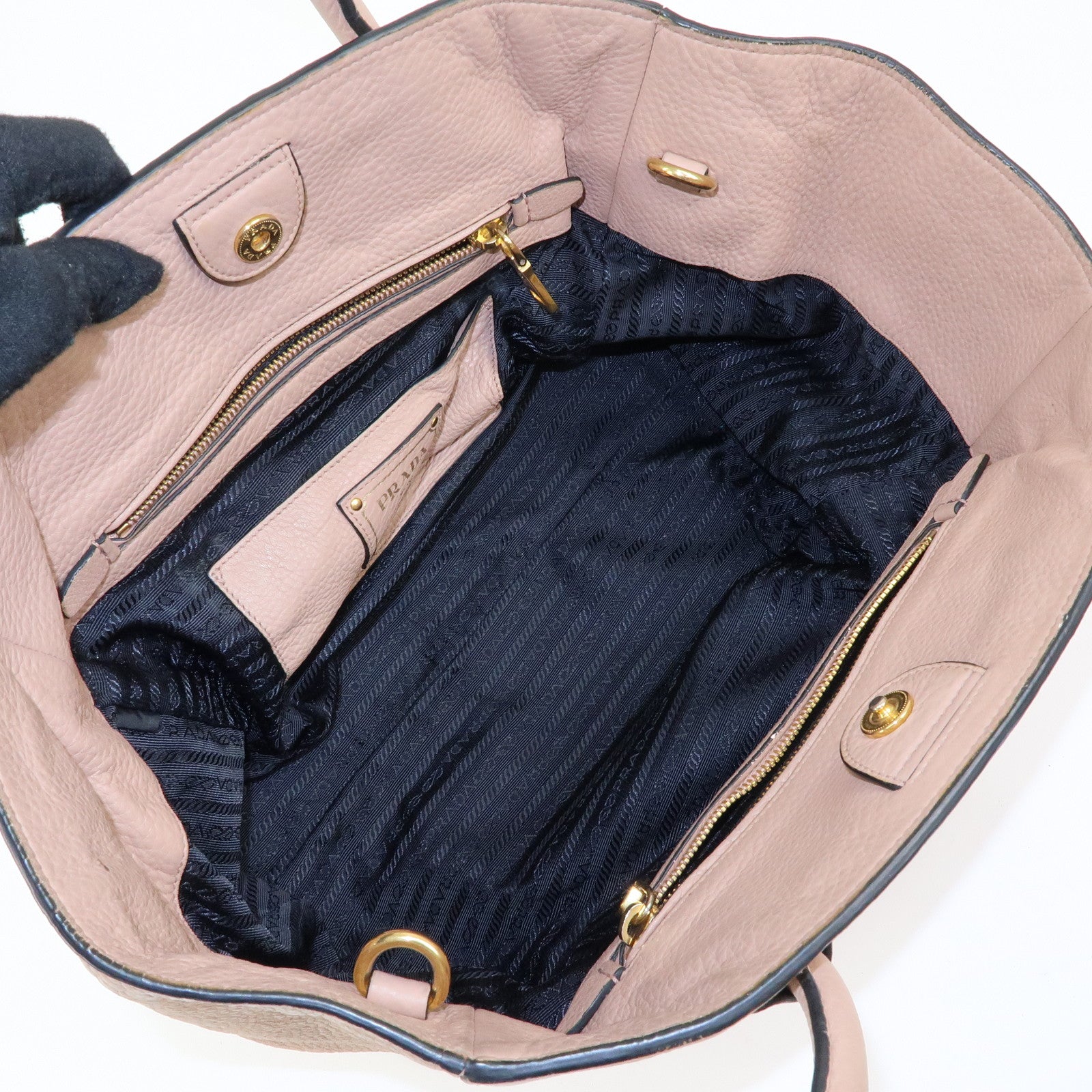 PRADA Triangle Logo Leather Tote Bag Shoulder Bag Pink Beige