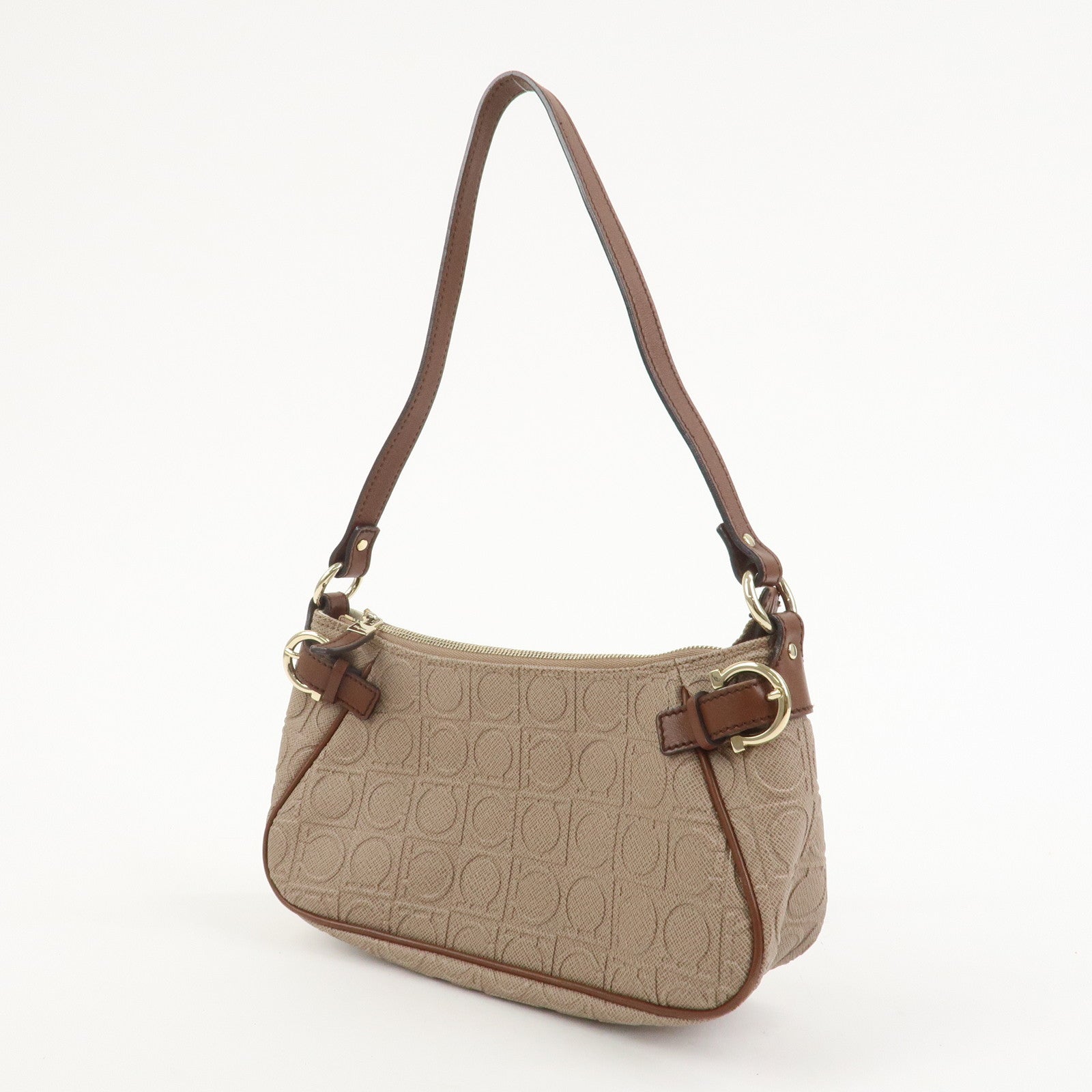 Ferragamo Gancini PVC Canvas Leather Shoulder Bag Hand Bag Brown