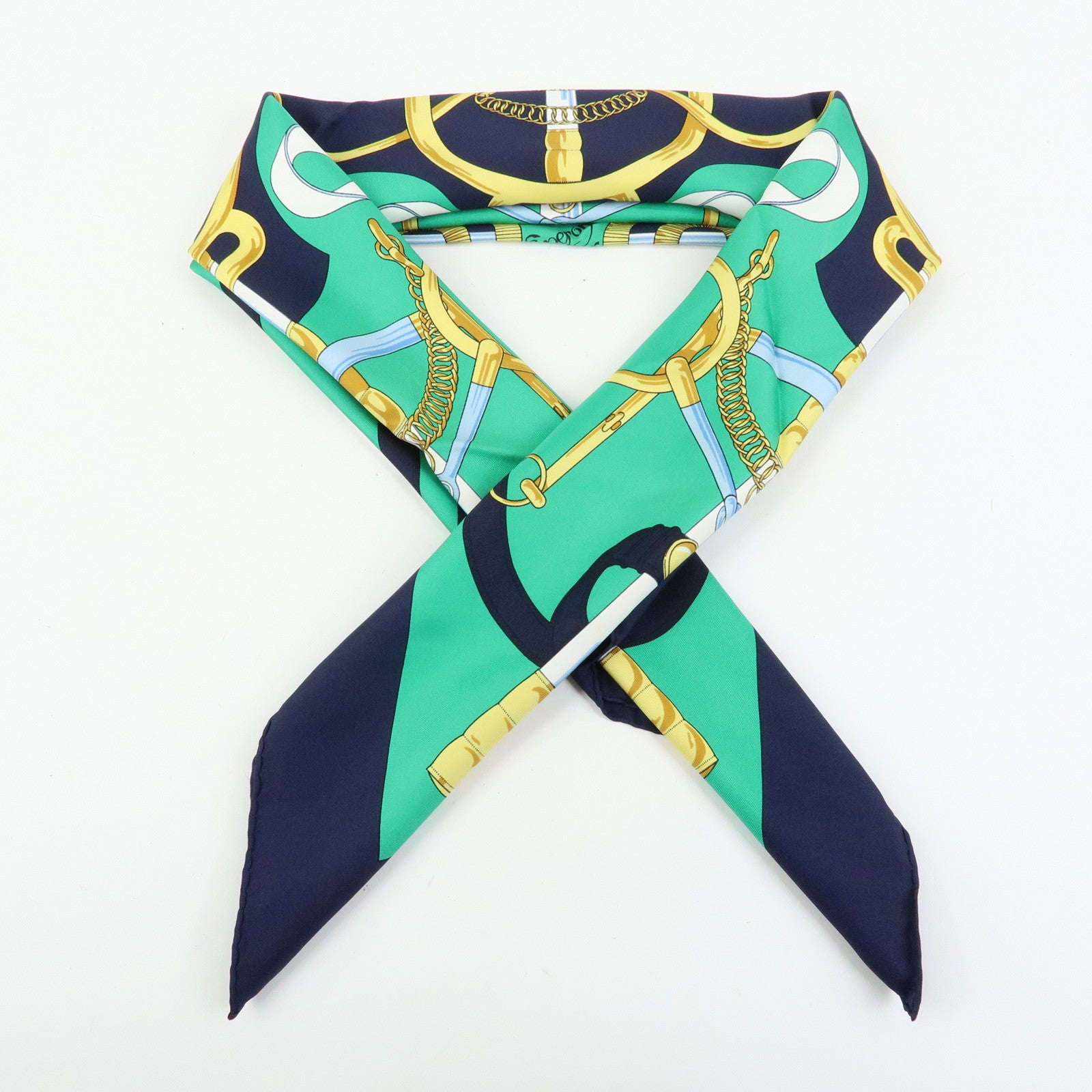 HERMES Carre 90 Silk 100% Scarf Eperon d'or Navy Green Gold