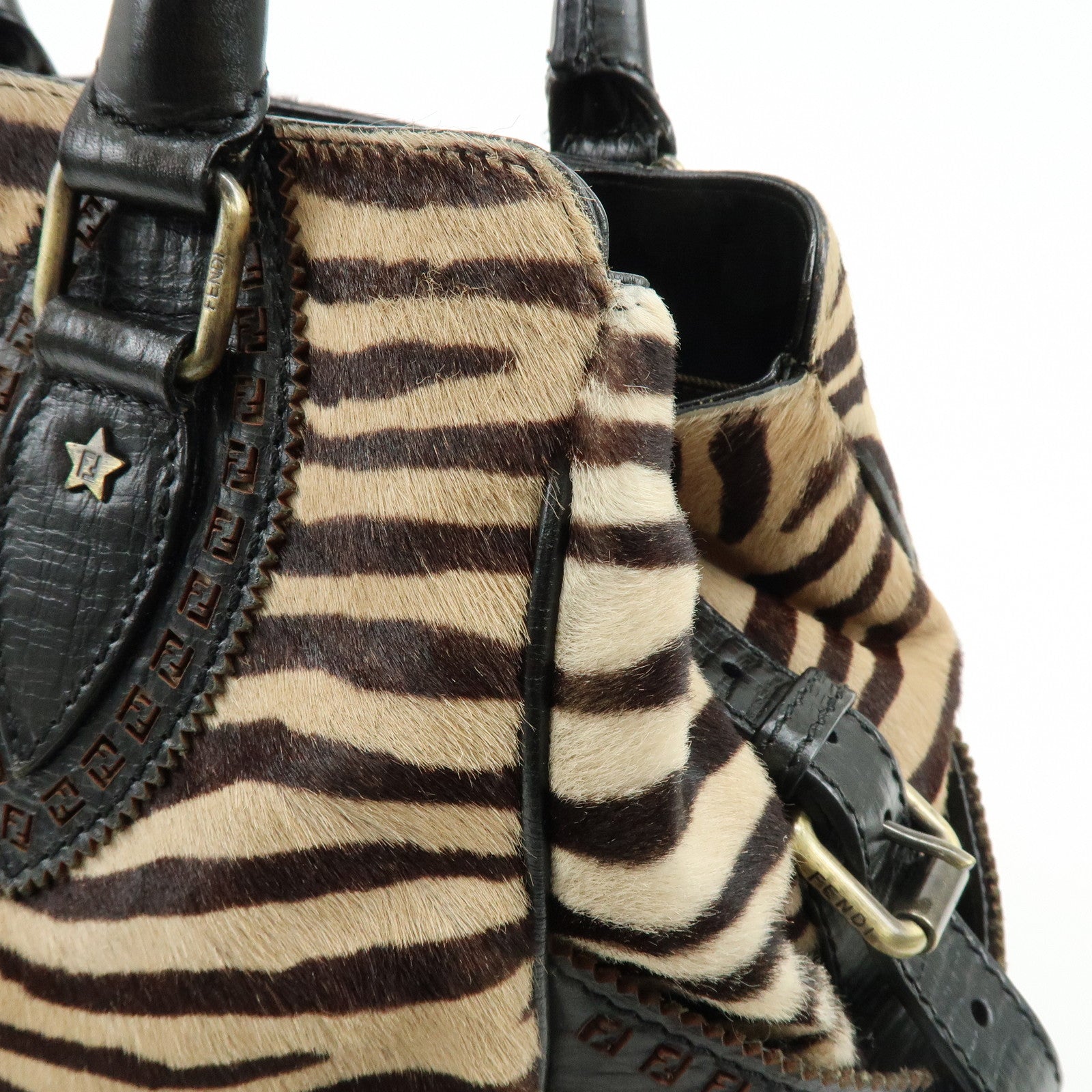 FENDI Etnico Calf Hair Leather Tote Bag Shoulder Bag Brown 8BN162