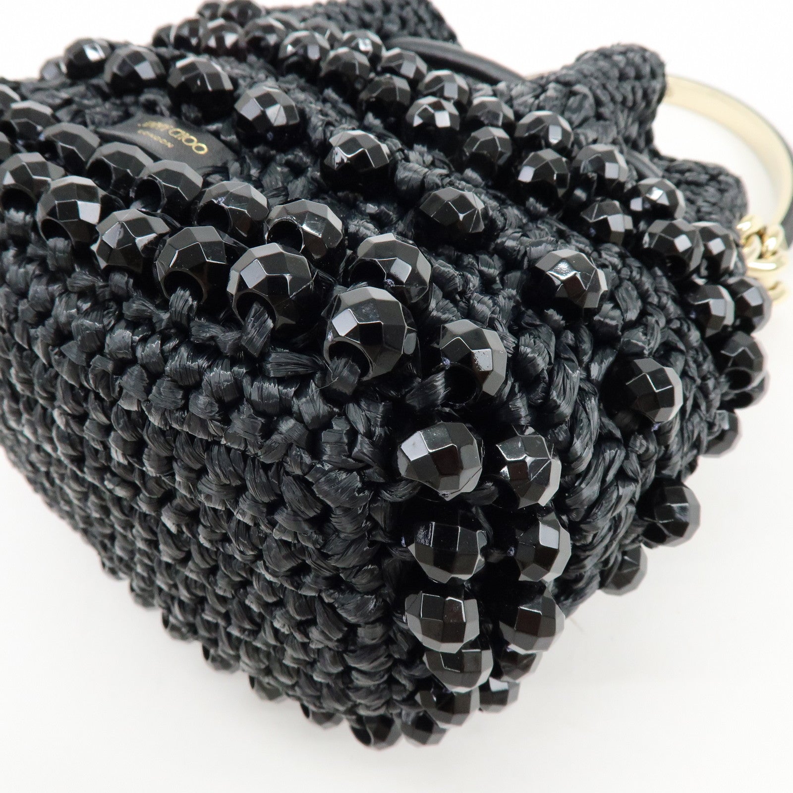 JIMMY CHOO BON BON Raffia Beads Leather 2Way Mini Bag Black