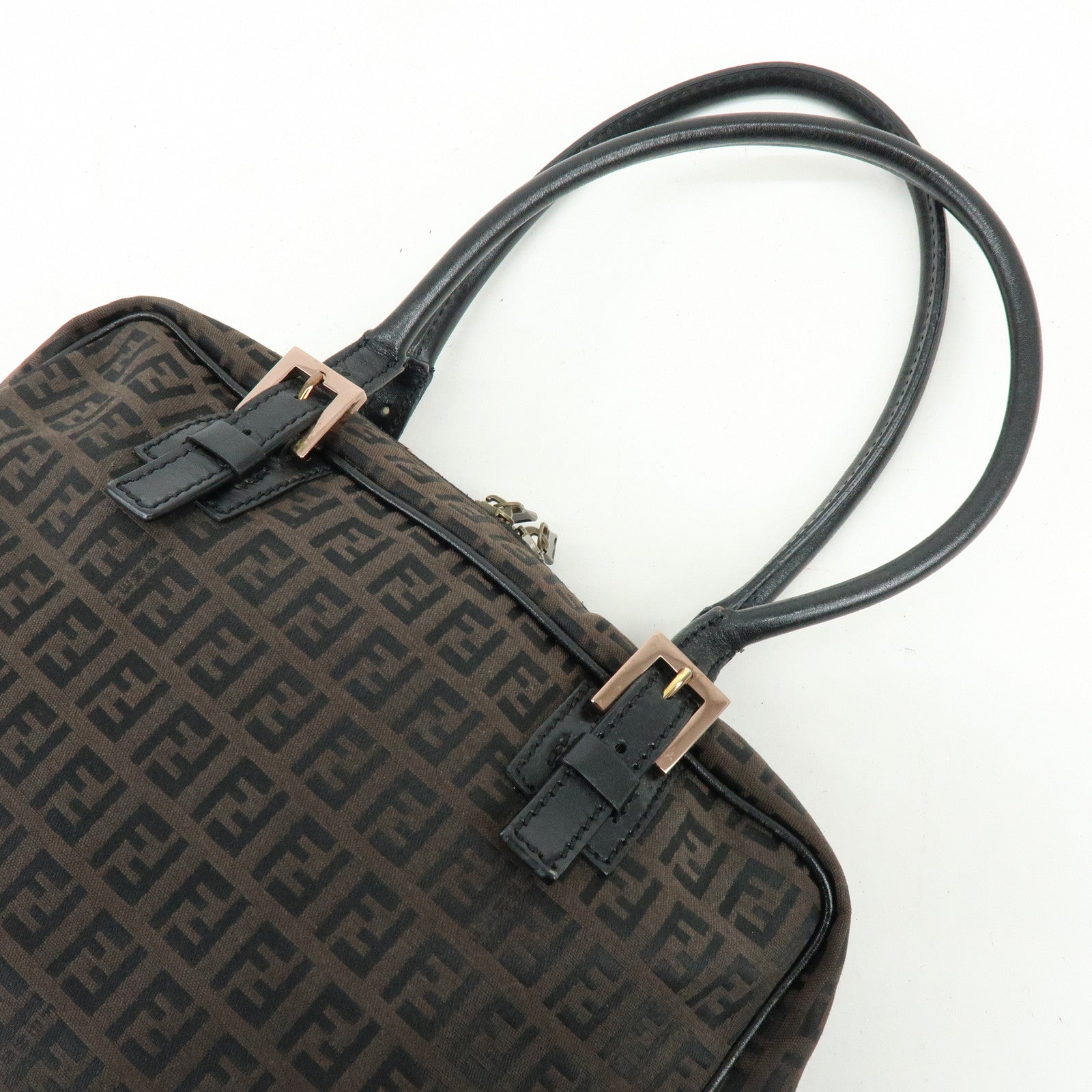 FENDI Zucchino Canvas Leather Hand Bag Boston Bag Brown 8BN005