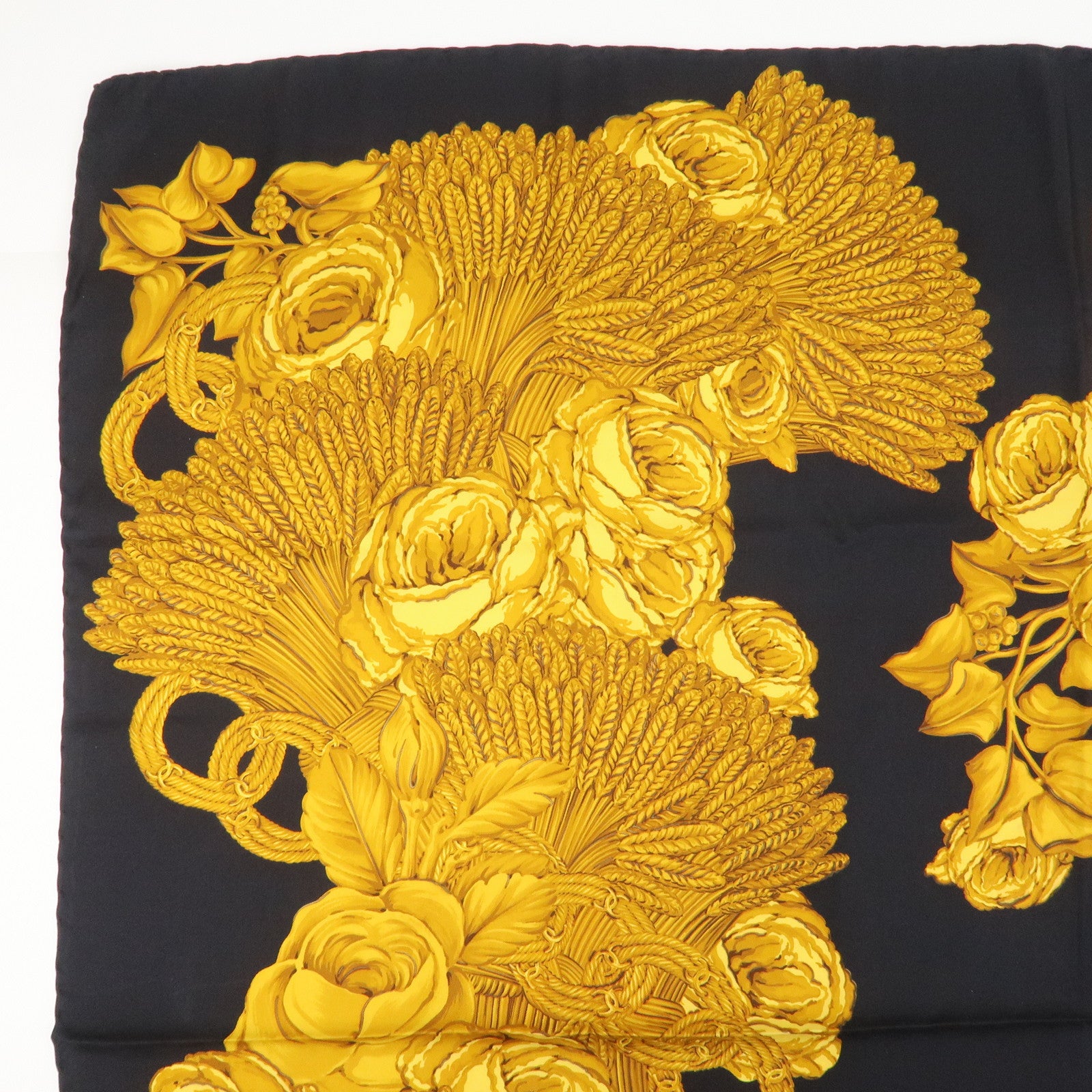 CHANEL Silk 100% Flower Chain Print Scarf Black Gold