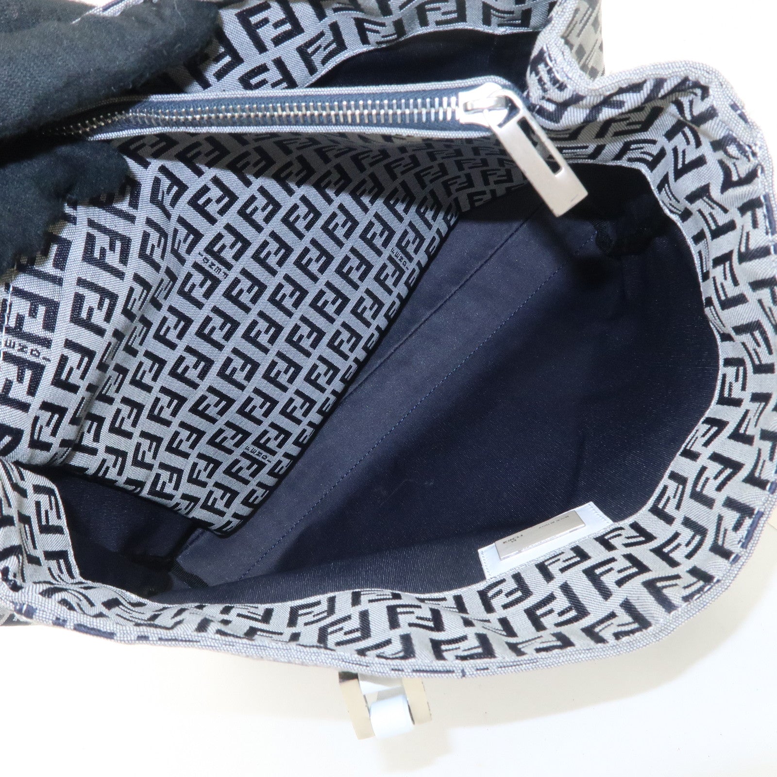 FENDI Zucchino Canvas Leather Tote Bag Hand Bag White Navy 8BH019 Used