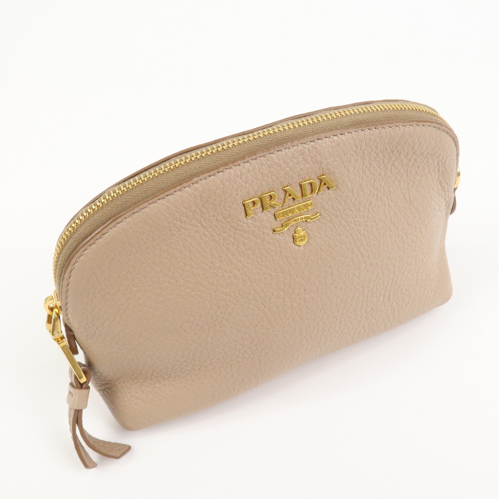 PRADA Logo Leather Cosmetic Pouch Clutch Beige 1ND005