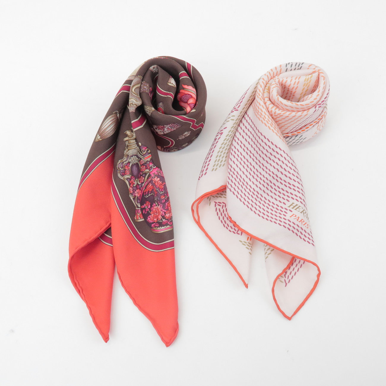 HERMES Carre 70 Silk 100% Set of 2 Scarves Red Pink