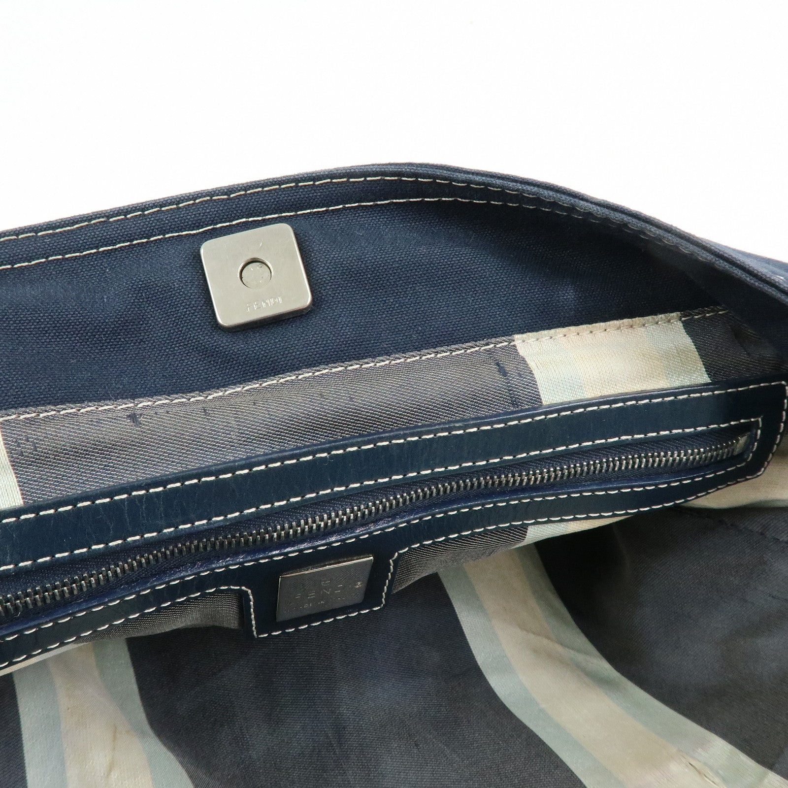 FENDI Canvas Leather Tote Bag Hand Bag Navy