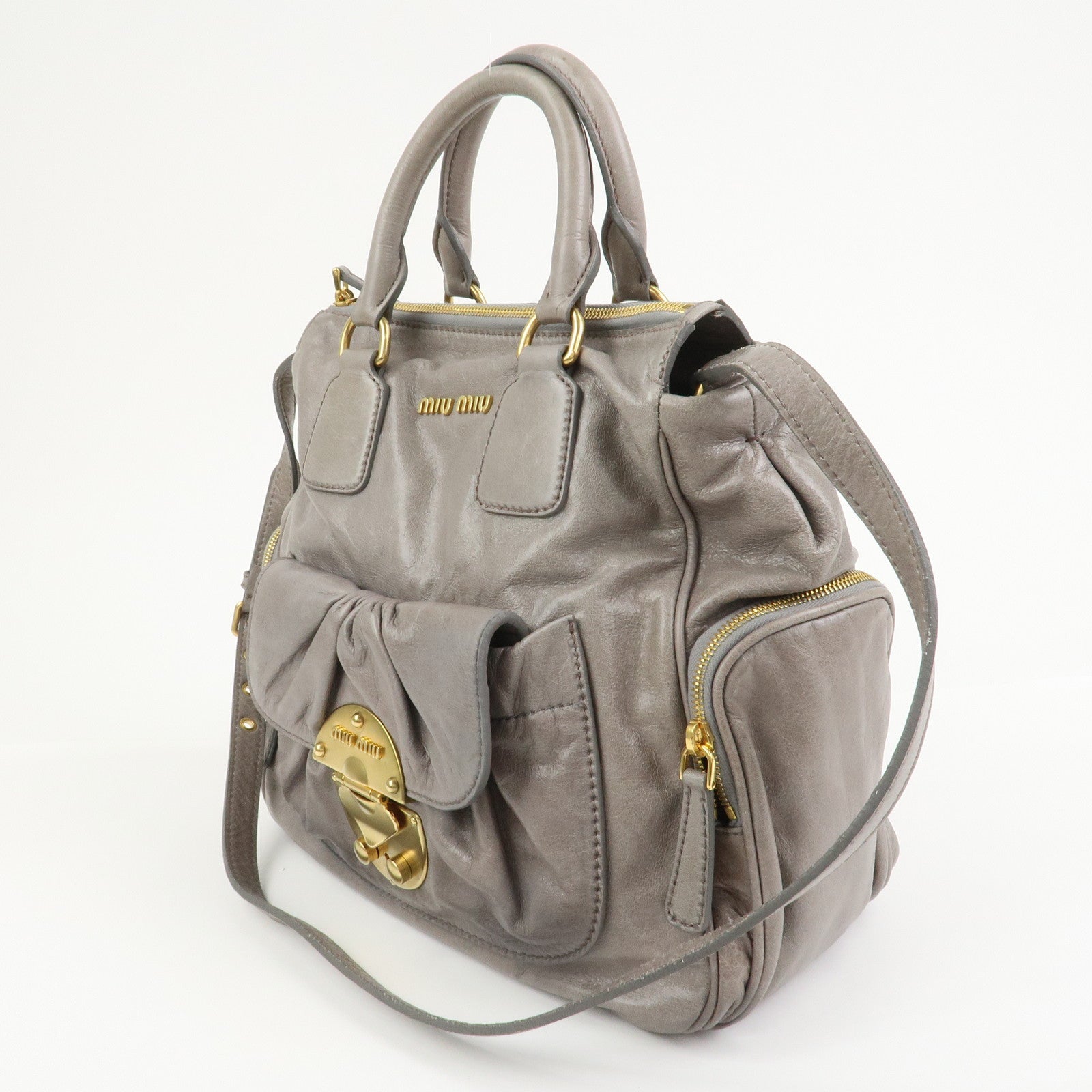 MIU MIU Leather 2Way Bag Hand Bag Shoulder Bag Gray