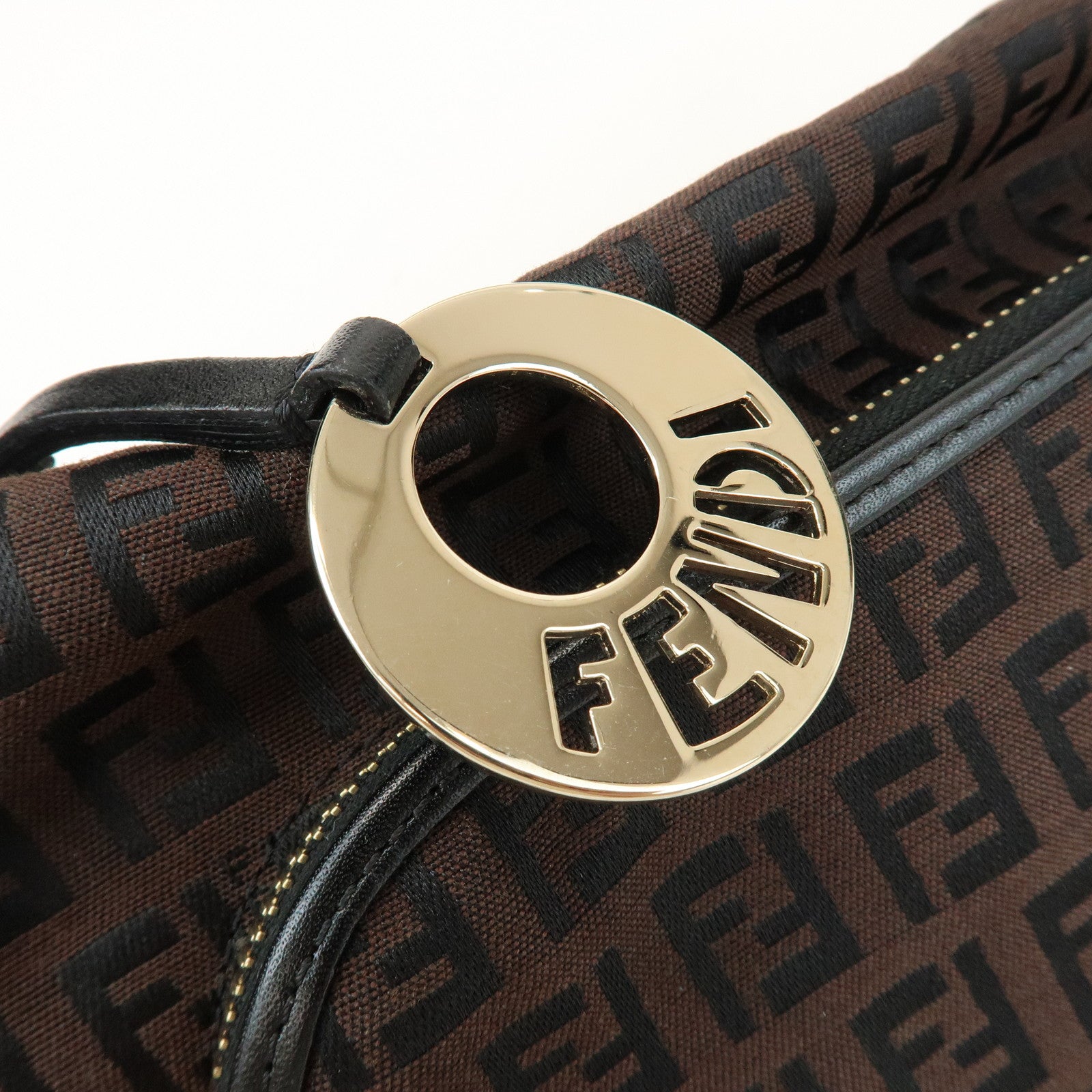 FENDI Zucchino Logo Canvas Leather Black Shoulder Bag Brown 8BR464