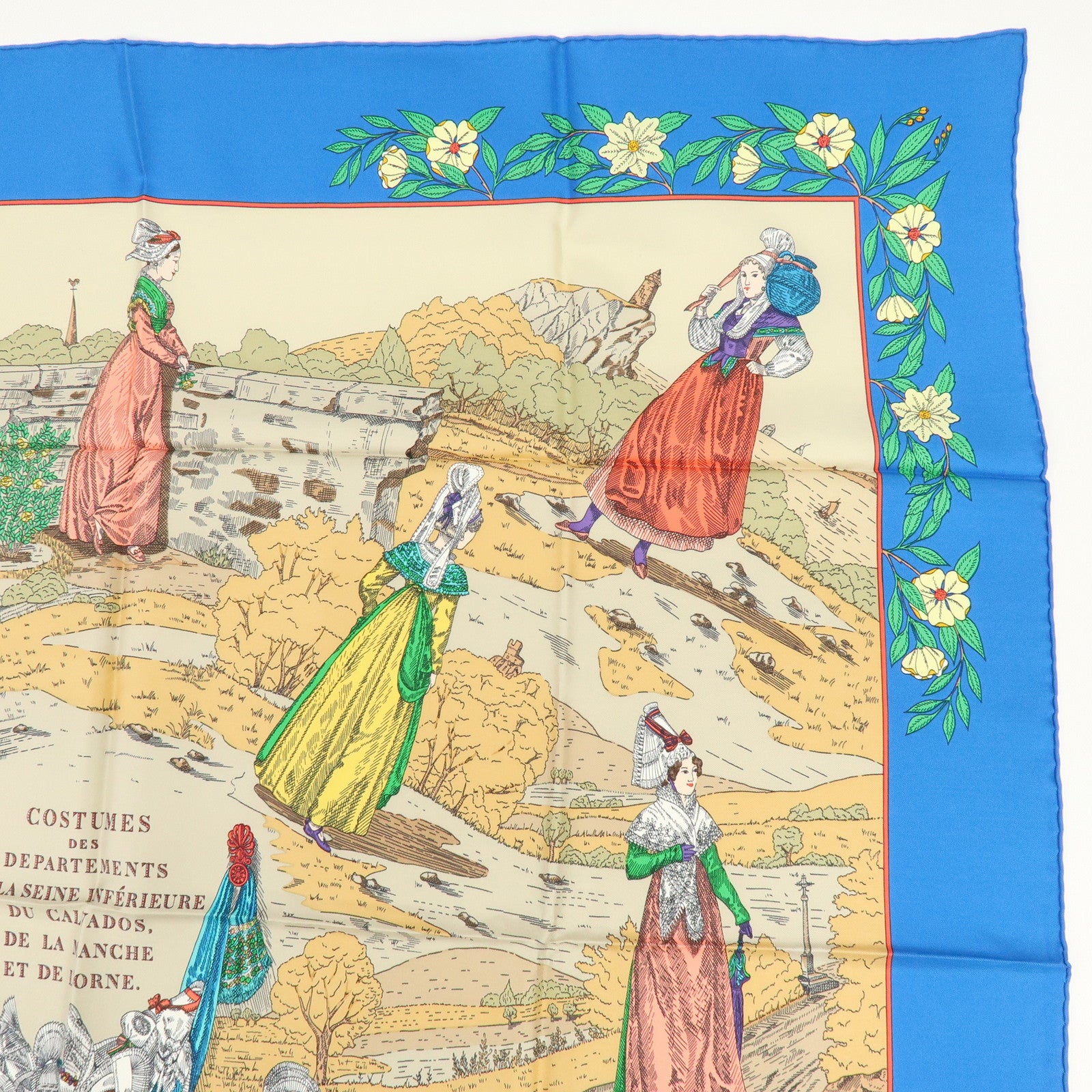 HERMES Carre 90 Silk 100% Scarf COSTUMES DES DEPARTEMENTS Blue
