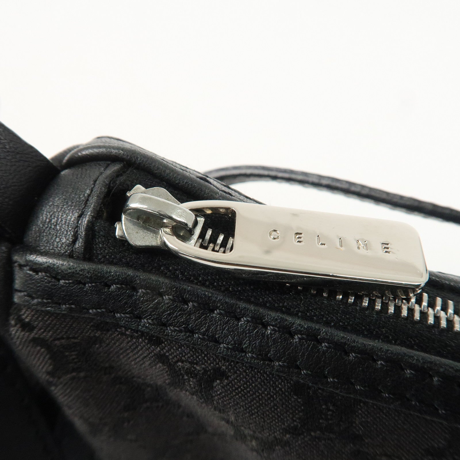 CELINE Macadam Canvas Leather Accessory Pouch Silver HDW Black Used