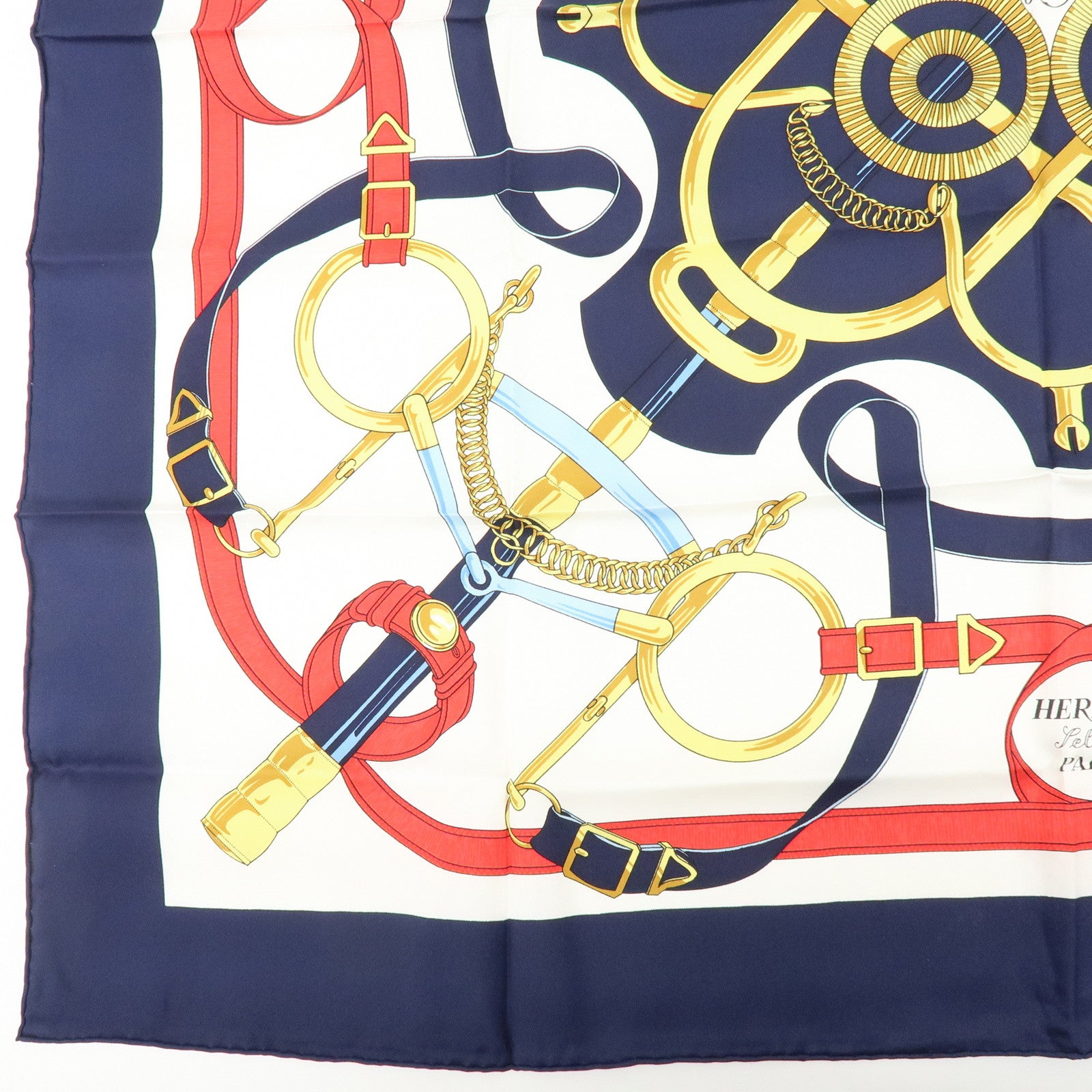 HERMES Carre 90 Silk 100% Scarf Eperon d'or Navy White Yellow Red