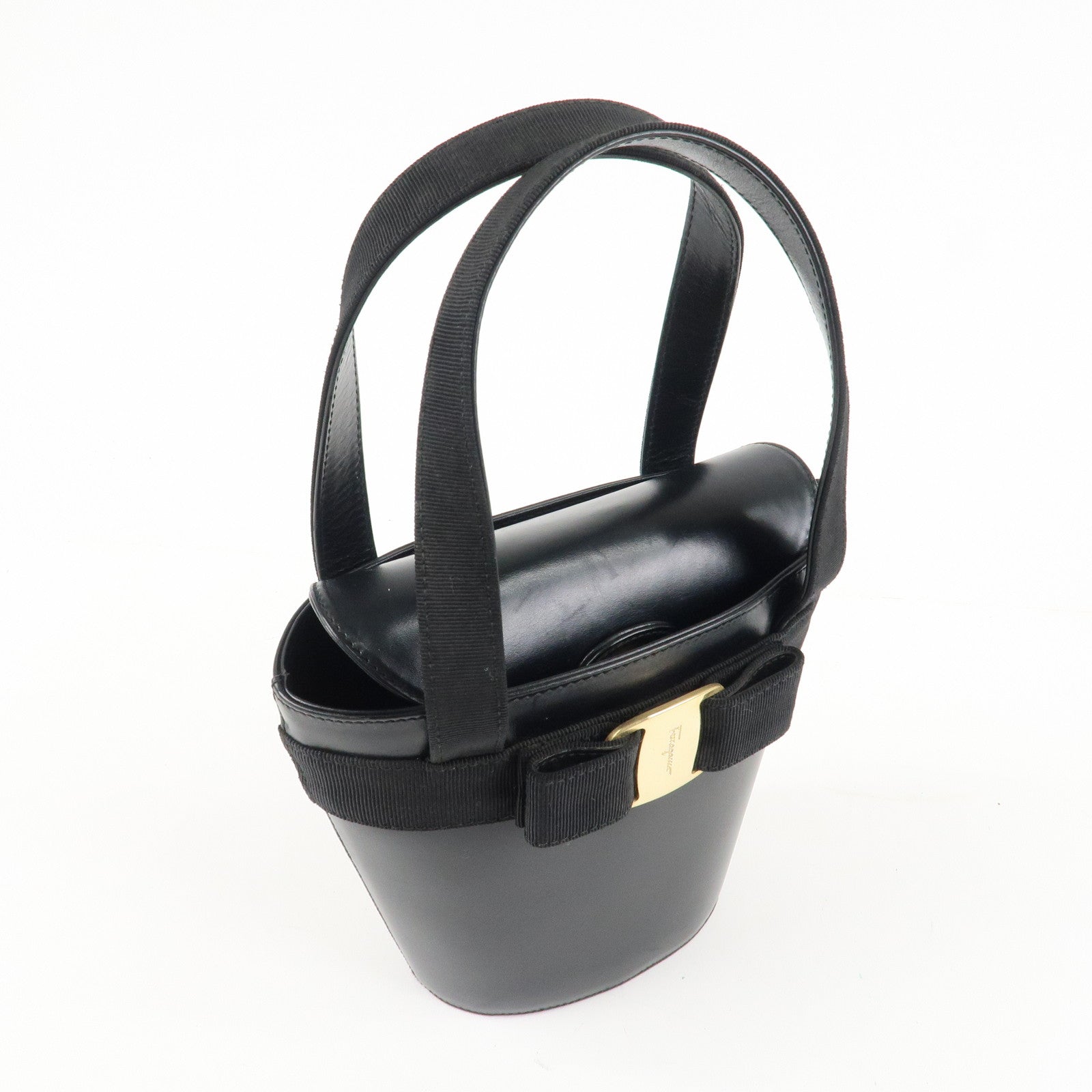 Ferragamo Vara Ribbon Leather Hand Bag Gold HDW Black Used