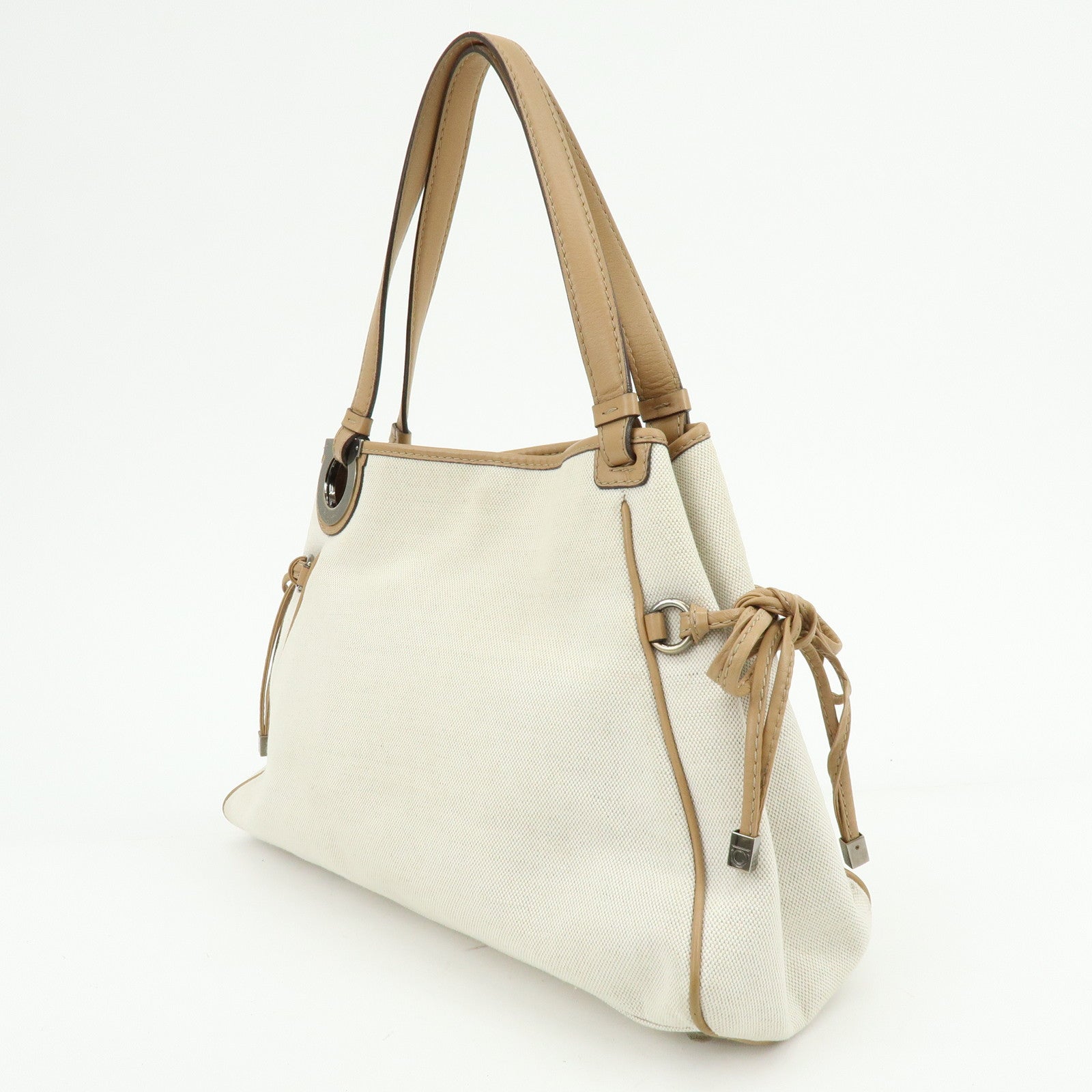 Ferragamo Gancini Canvas Leather Tote Bag Shoulder Bag Natural