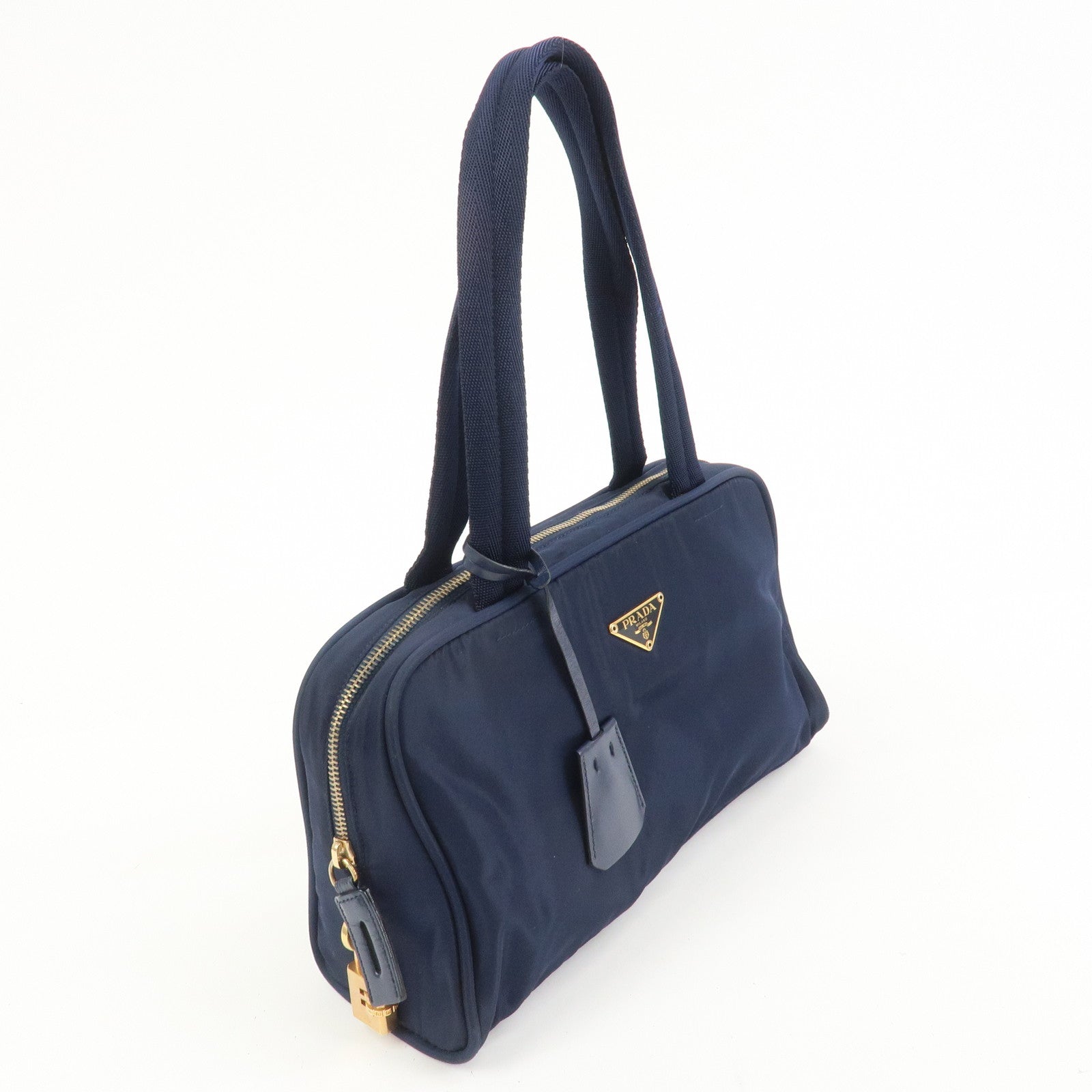 PRADA Triangle Logo Nylon Leather Hand Bag Navy