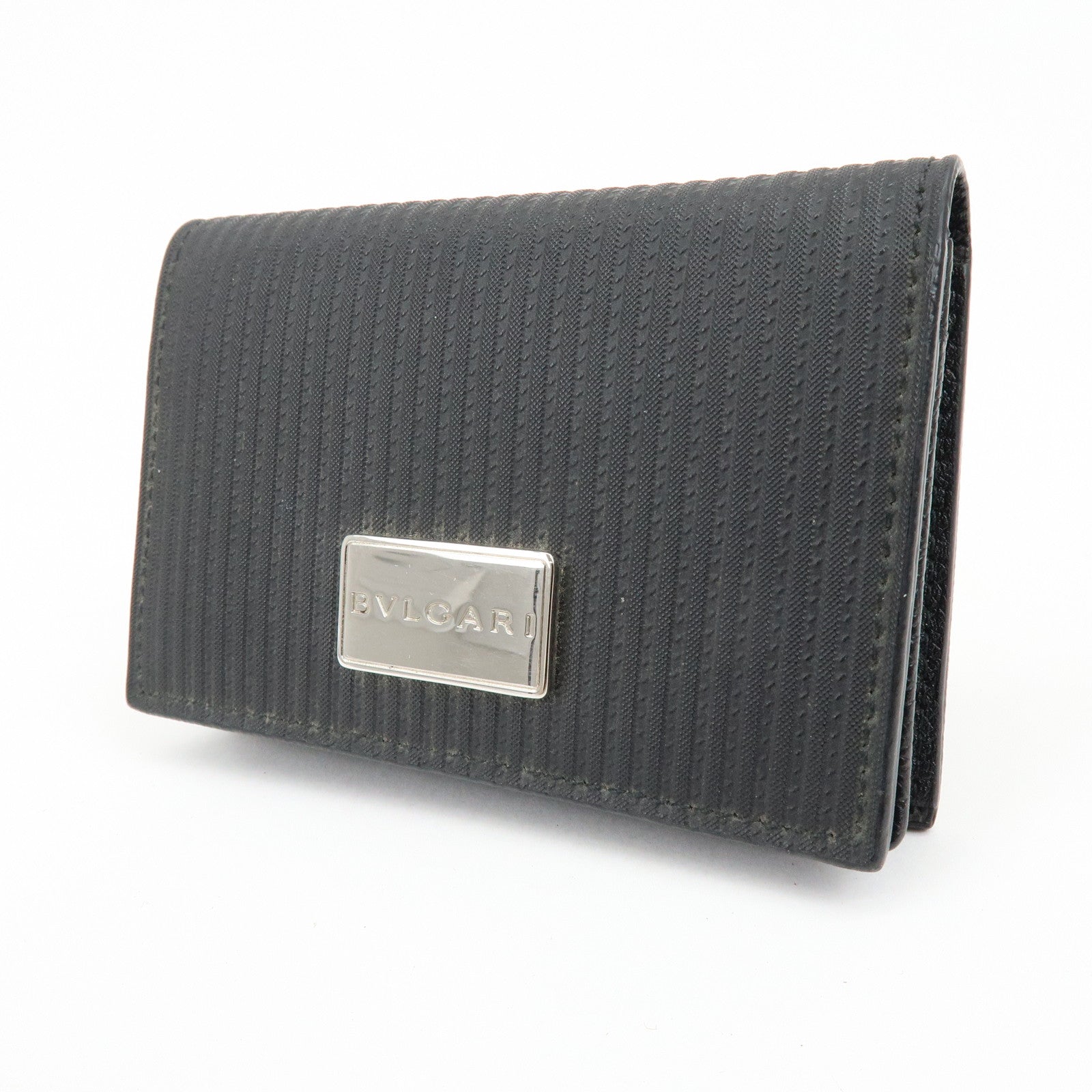 BVLGARI Millerighe Set of 2 PVC Leather Card Case Key Case Black