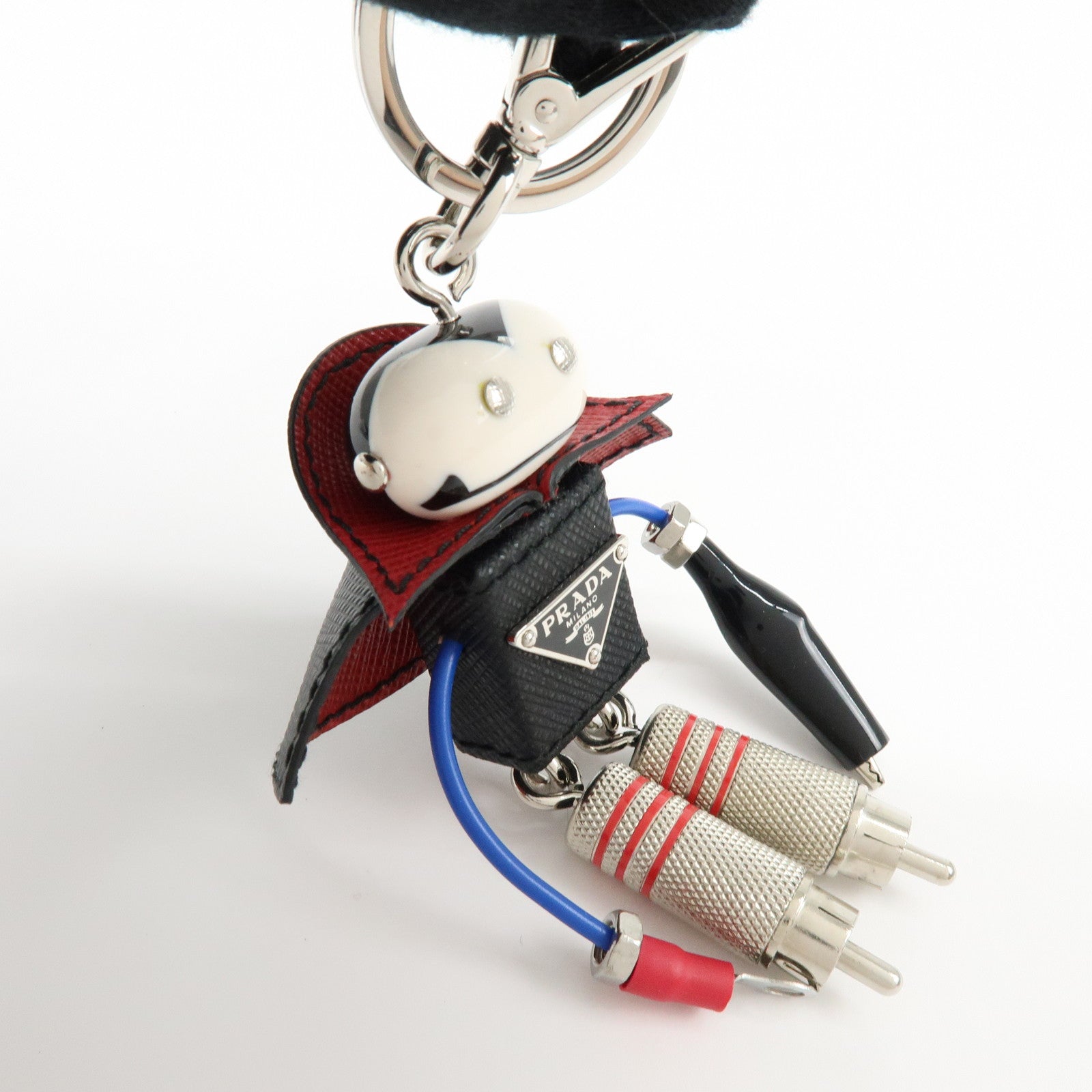 PRADA Triangle Logo Metal Saffiano Leather Bag Key Charm Black Red