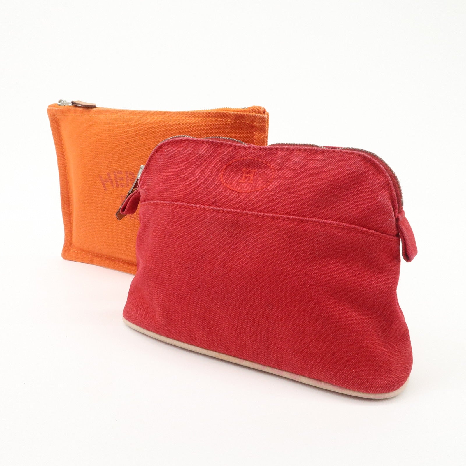 HERMES Set of 2 Canvas Leather Pouch Cosmetic Pouch Orange Red Used