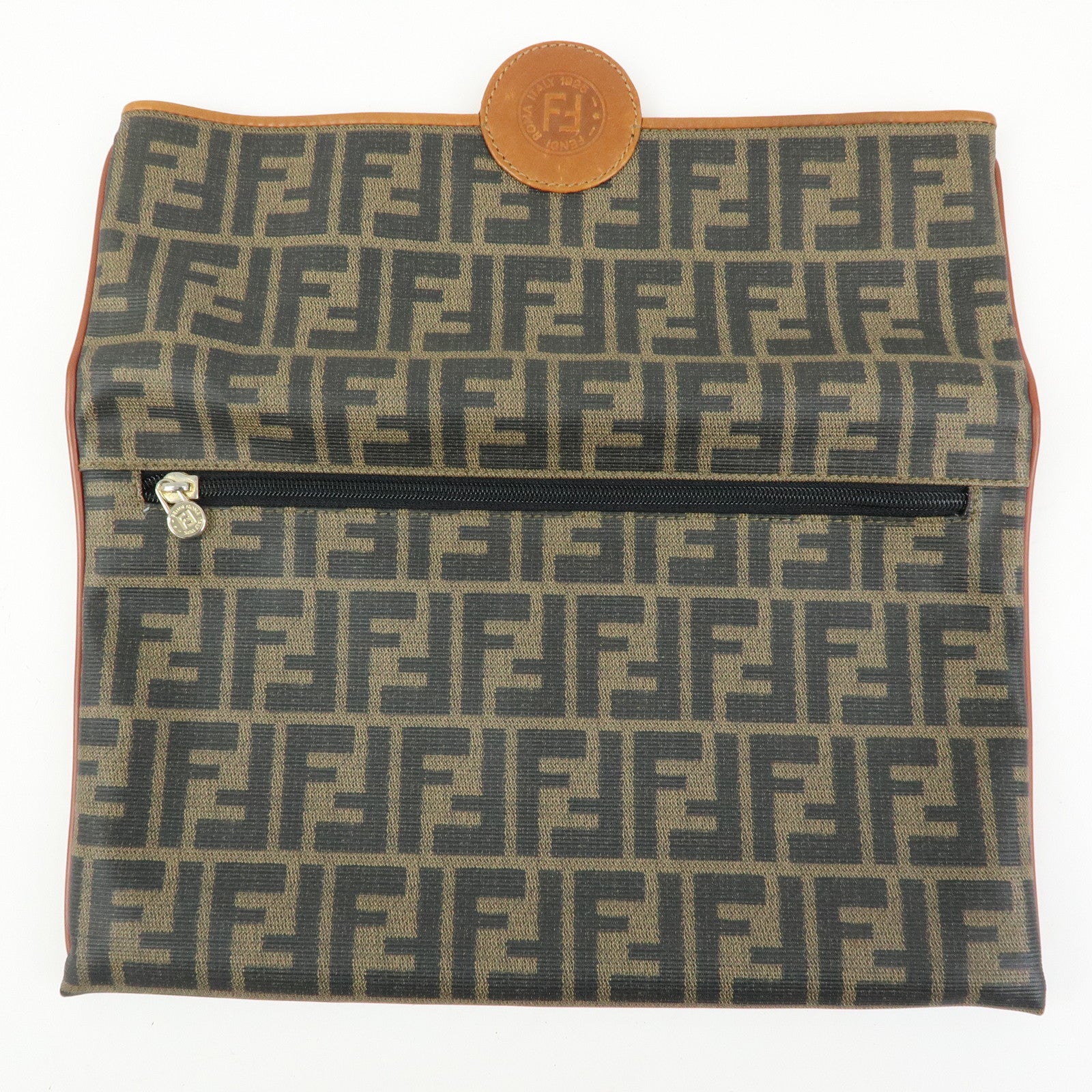 FENDI Zucca PVC Coated Canvas Leather Clutch Bag Brown 2487133