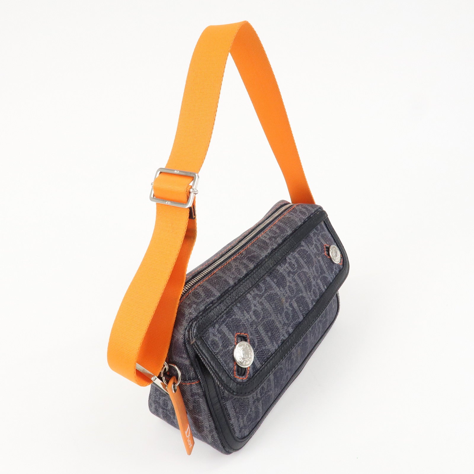 Christian Dior Flight Line Trotter Denim Leather Shoulder Bag Indigo Blue Orange Used