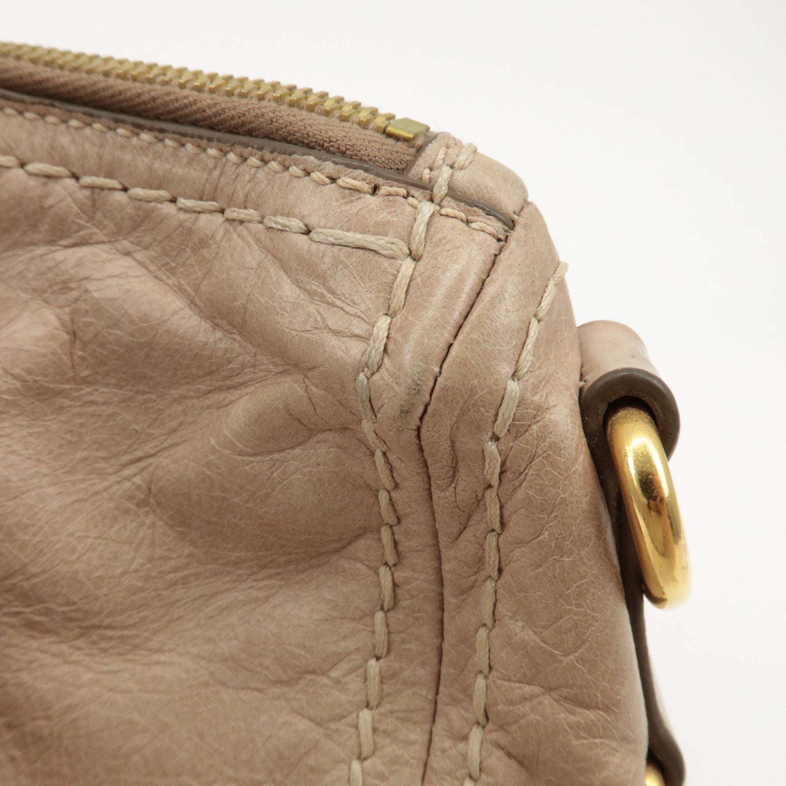 PRADA Triangle Logo Leather 2Way Bag Tote Bag Shoulder Bag Beige Used