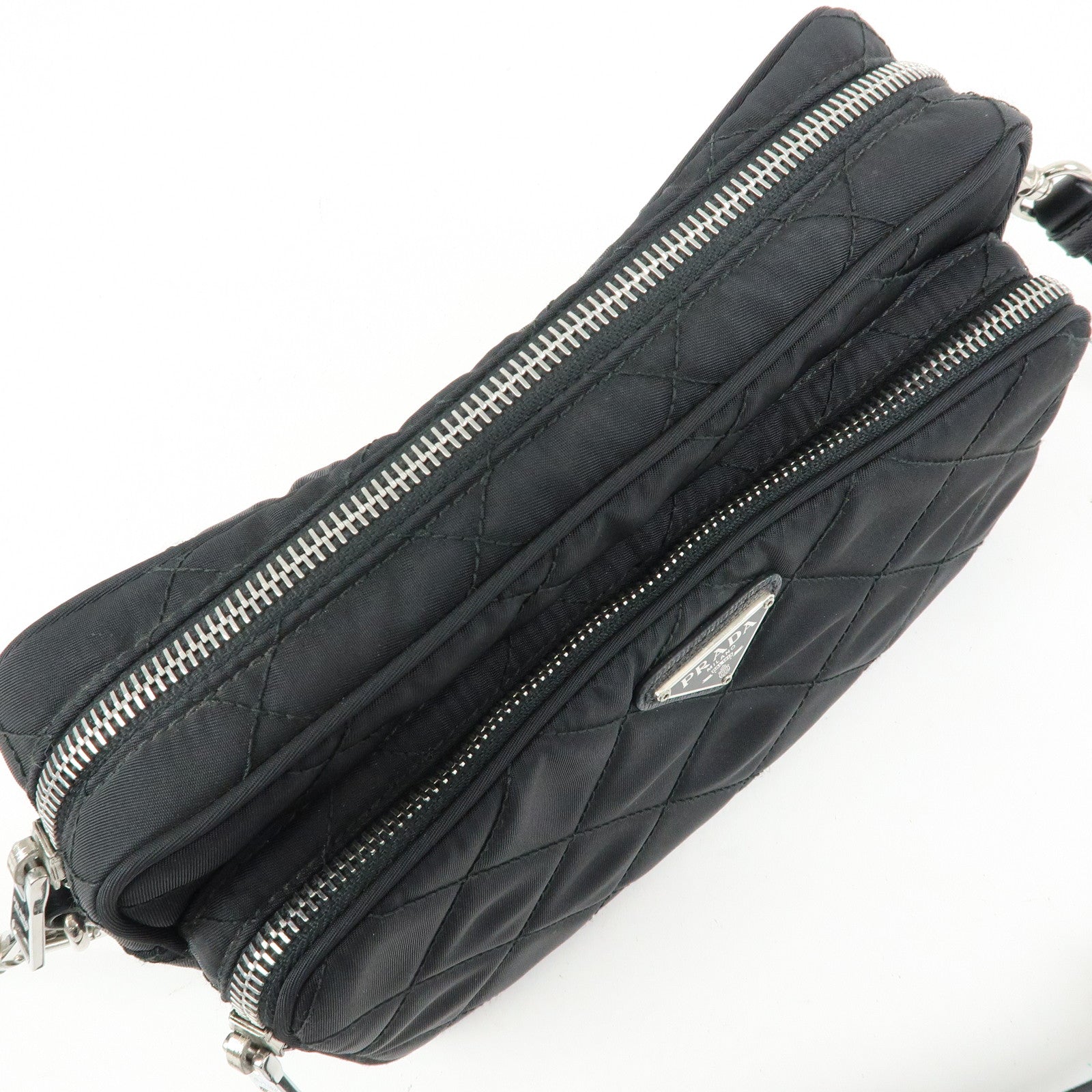PRADA Triangle Logo Nylon Leather Quilt Shoulder Bag Black BT1027