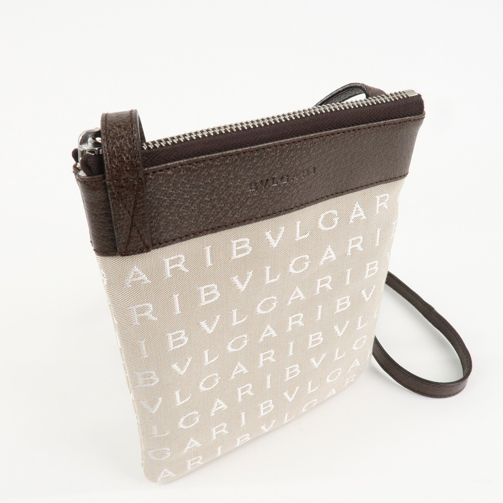 BVLGARI Logo Mania Leather Canvas Shoulder Bag Beige Dark Brown Used