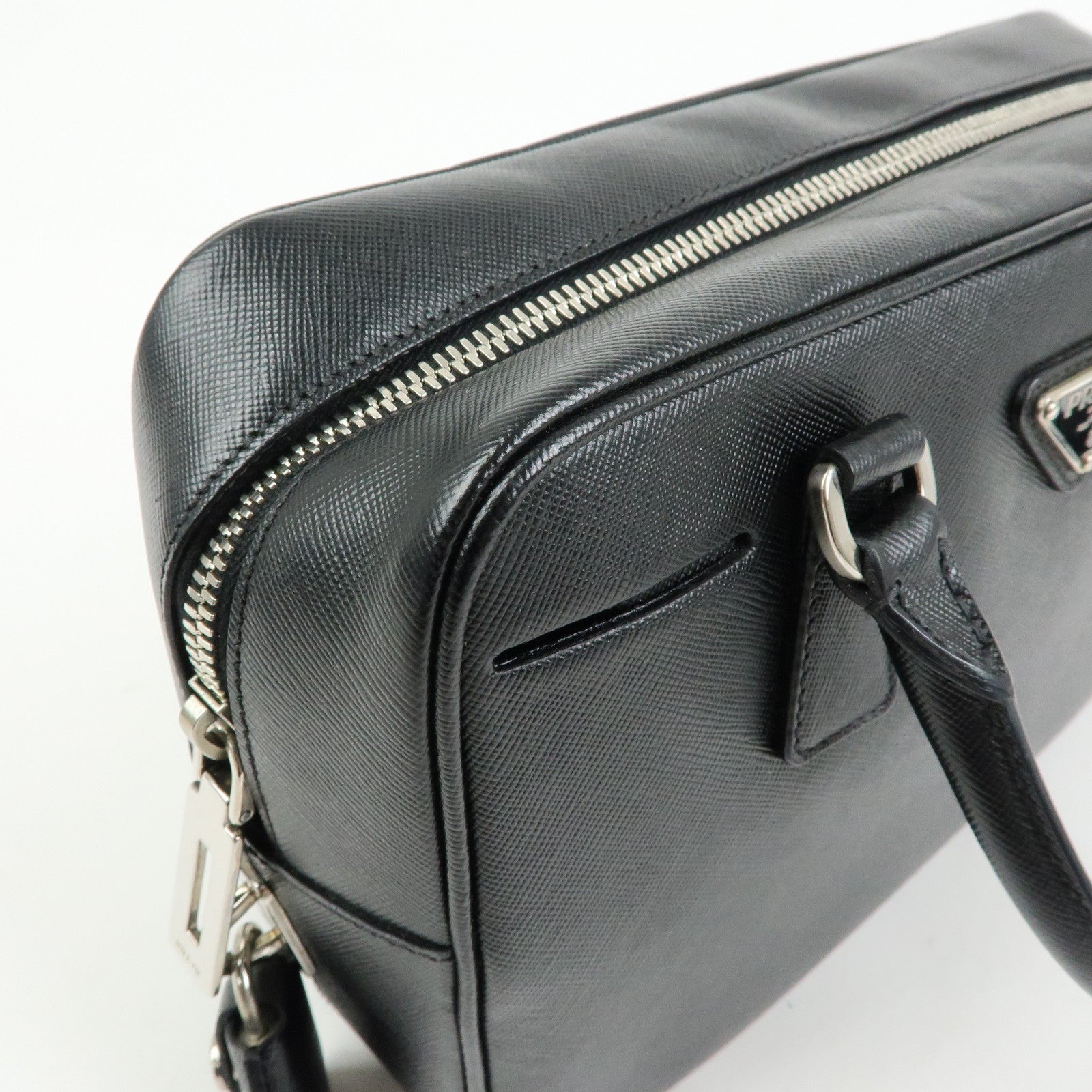 PRADA Triangle Logo Saffiano Leather Hand Bag Boston Bag Black
