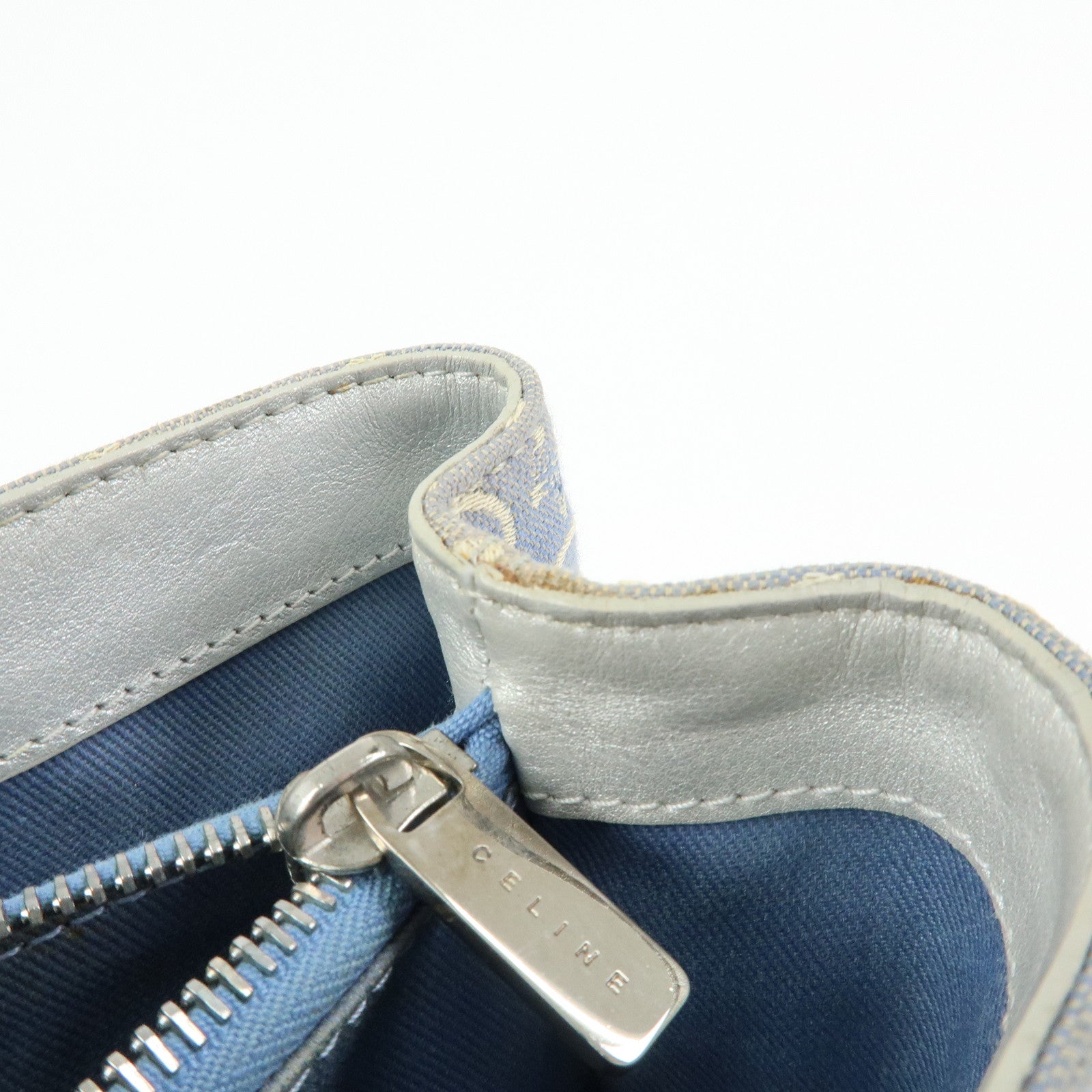 CELINE C Macadam Canvas Leather Tote Bag Hand Bag Light Blue Silver