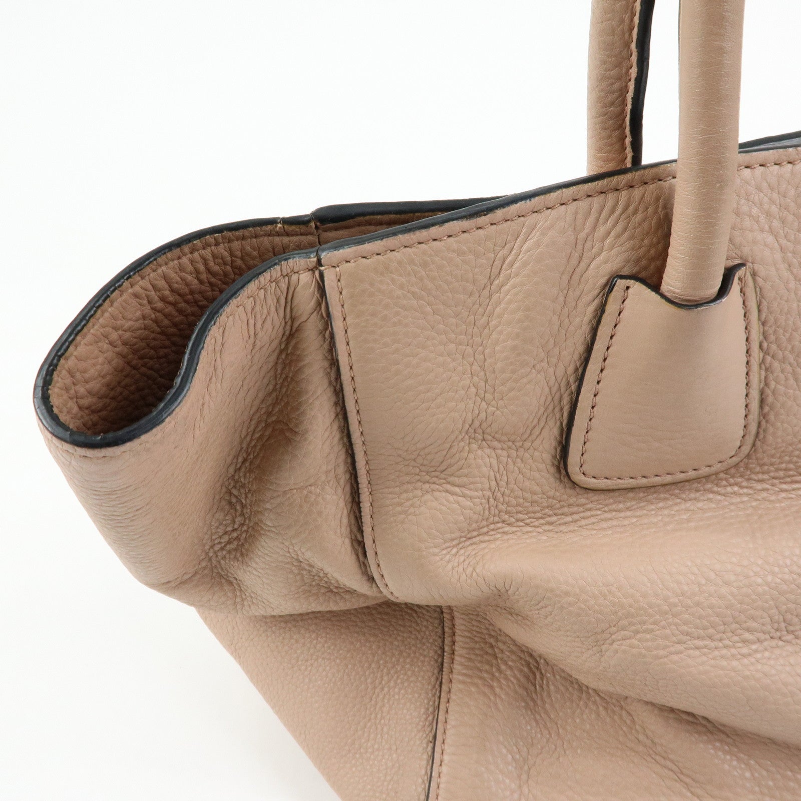 PRADA Triangle Logo Leather Tote Bag Shoulder Bag Pink Beige