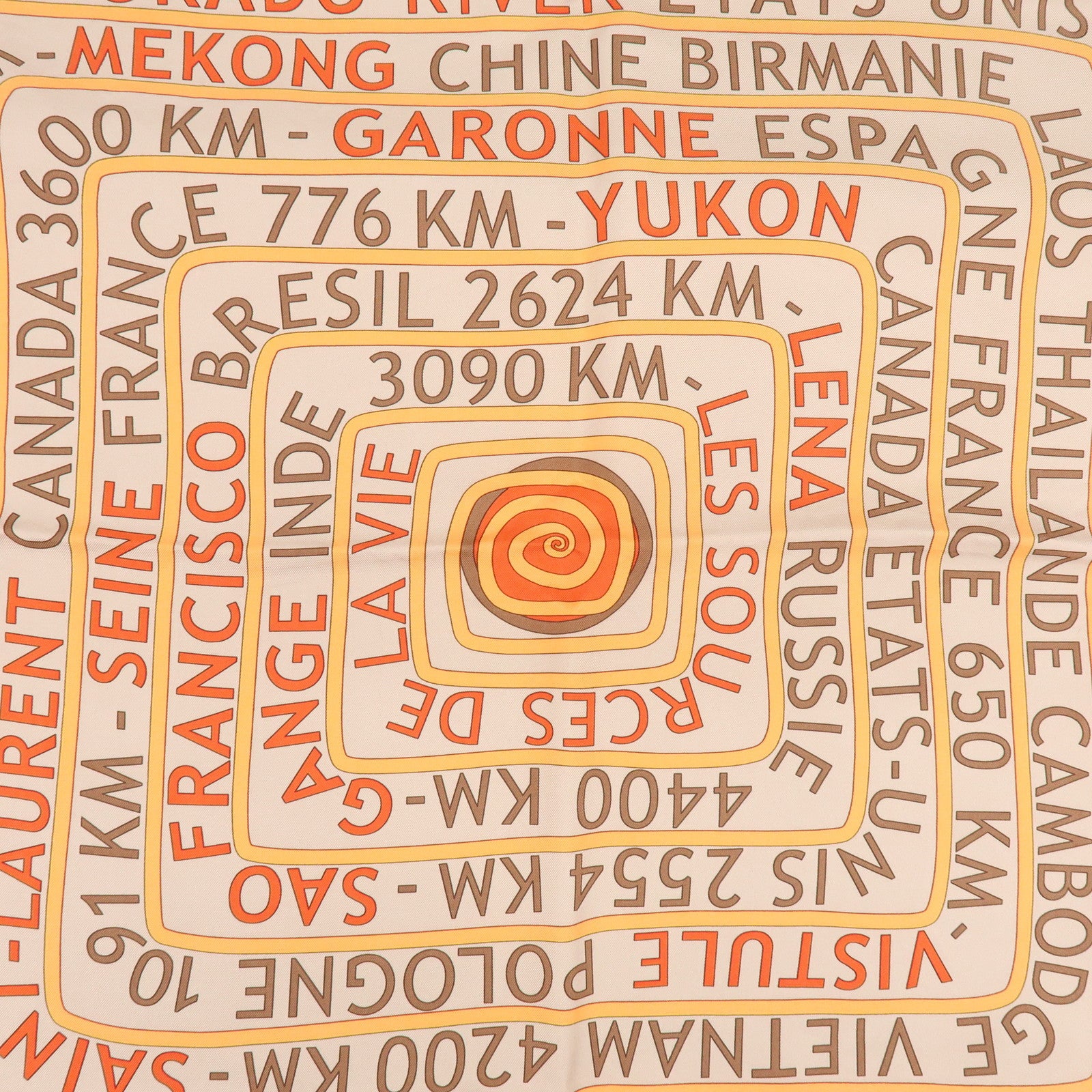 HERMES Carre 90 Silk 100% Scarf LES SOURCES DE LA VIE Brown Orange