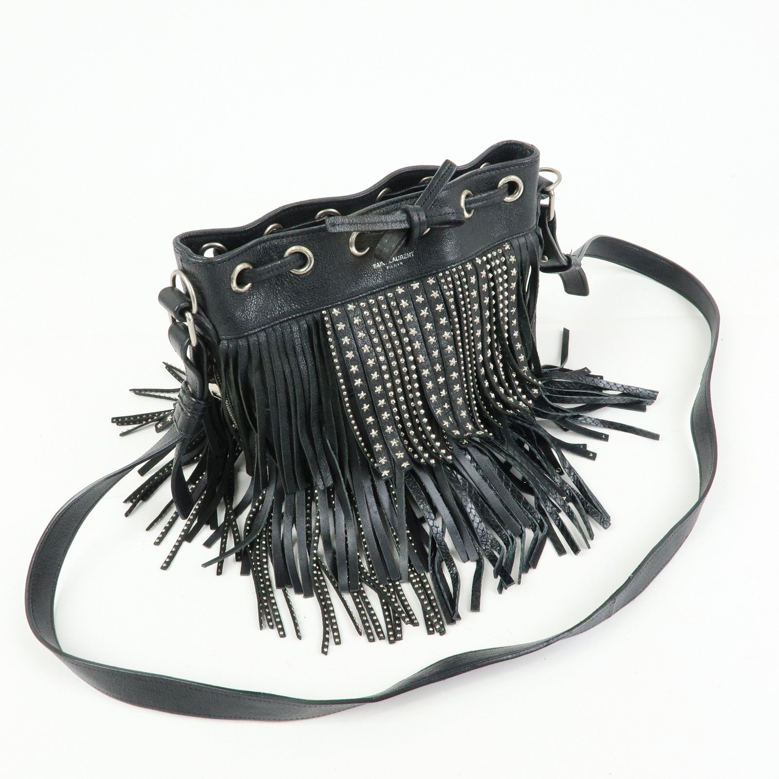 SAINT LAURENT PARIS Leather Fringe Shoulder Bag Black 357603